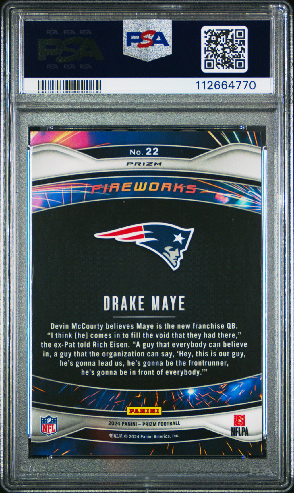 2024 Panini Prizm #22 Drake Maye Rookie RC Fireworks Green PSA 10