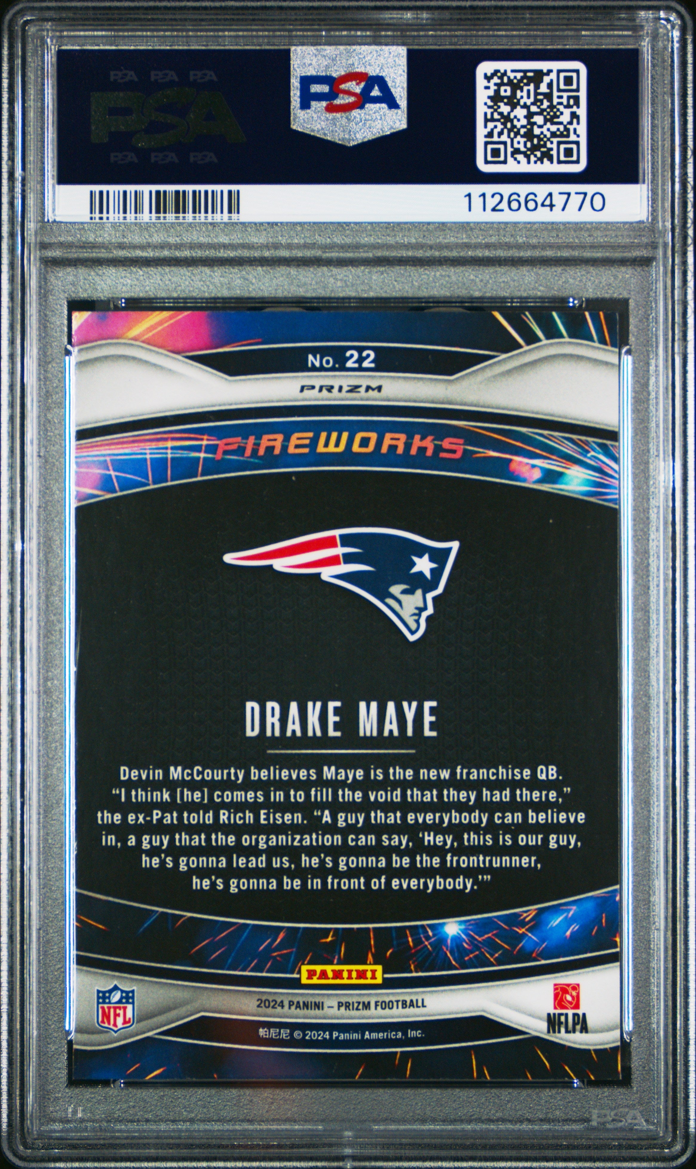 2024 Panini Prizm #22 Drake Maye Rookie RC Fireworks Green PSA 10