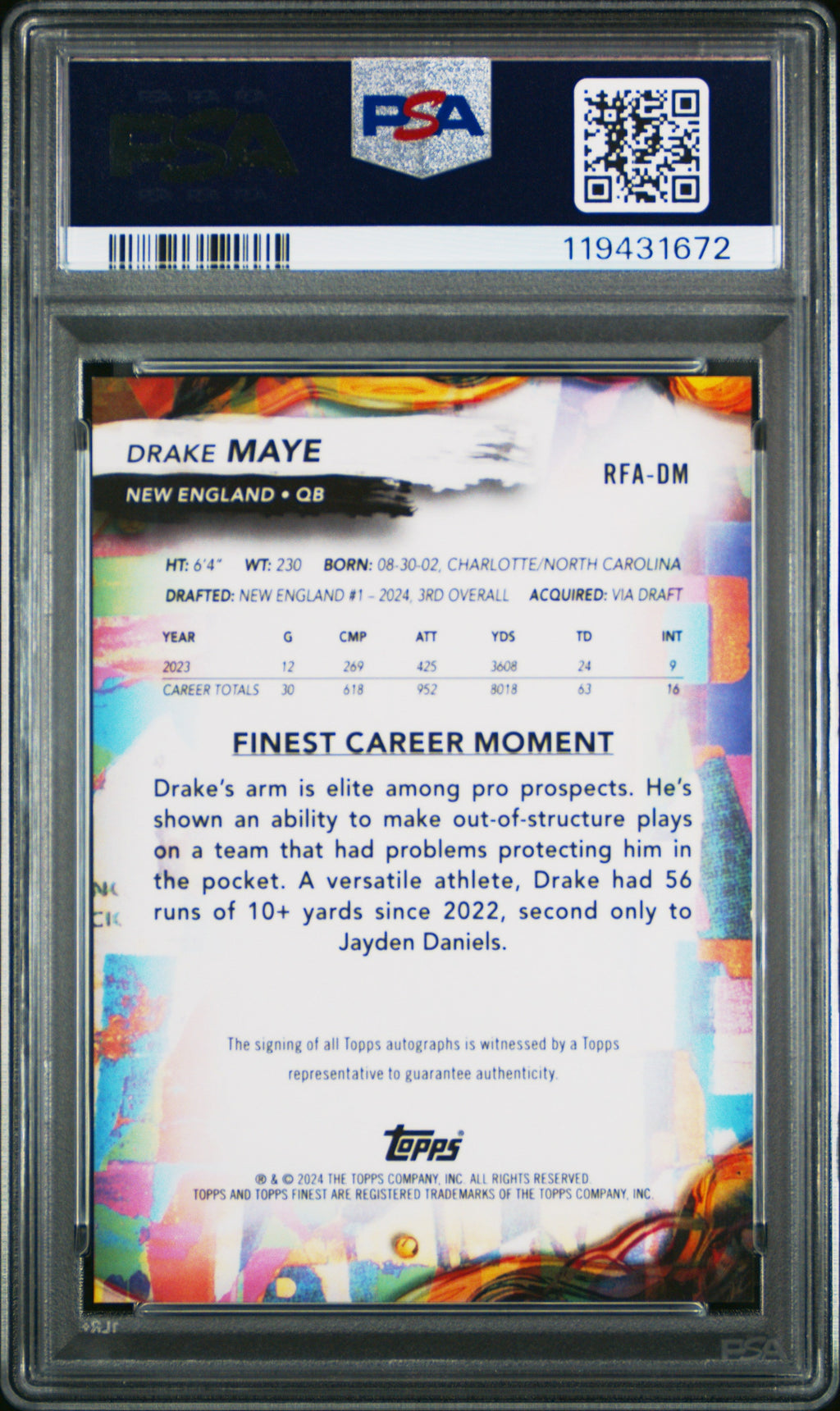 2024 Topps Finest #RFA-DM Drake Maye Rookie Finest Autographs PSA 9