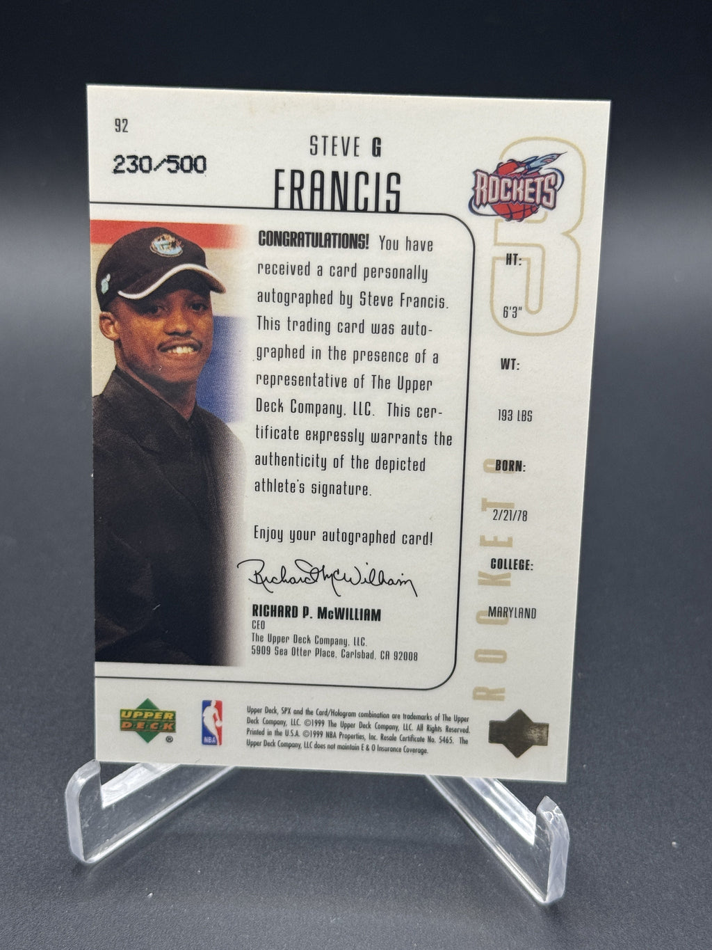 1999-00 SPx #92 Steve Francis Auto /500