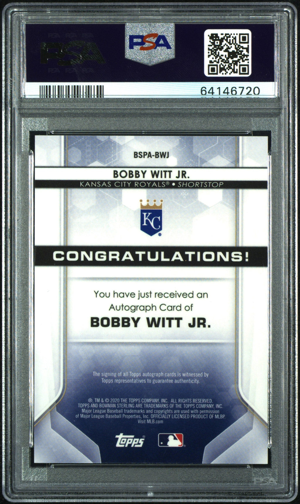 2020 Bowman Sterling #BSPA-BWJ Bobby Witt Jr. Prospect Autographs PSA 9