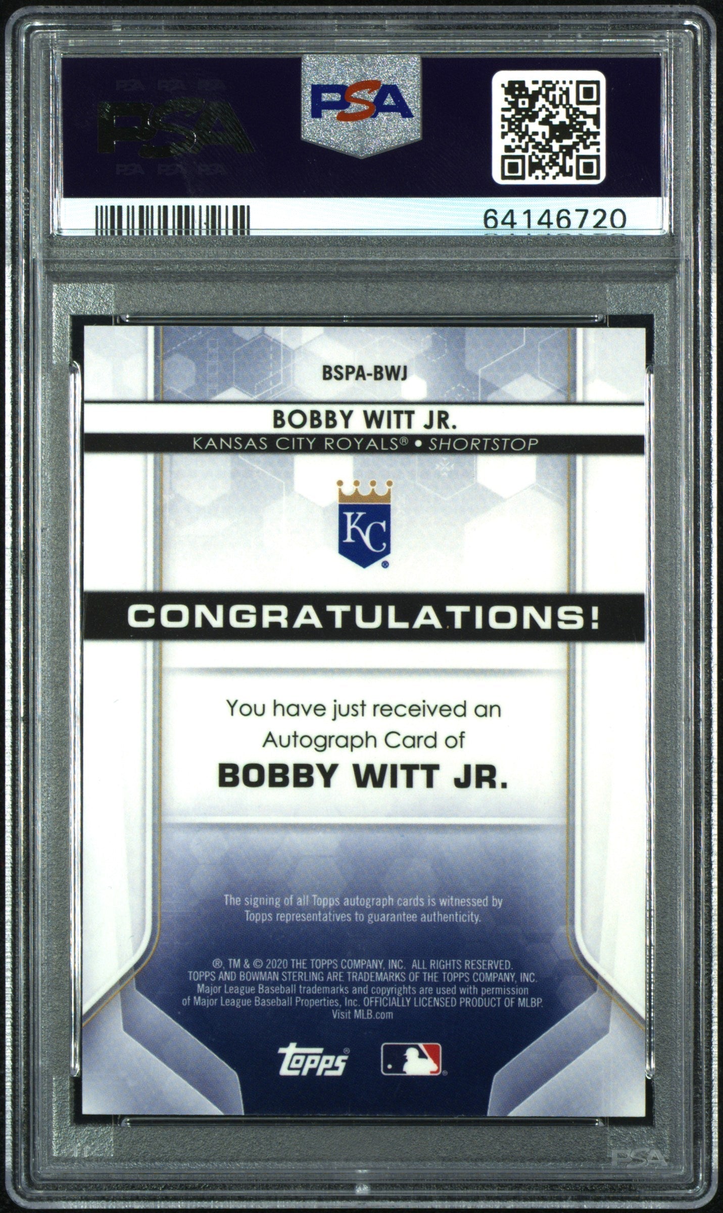 2020 Bowman Sterling #BSPA-BWJ Bobby Witt Jr. Prospect Autographs PSA 9