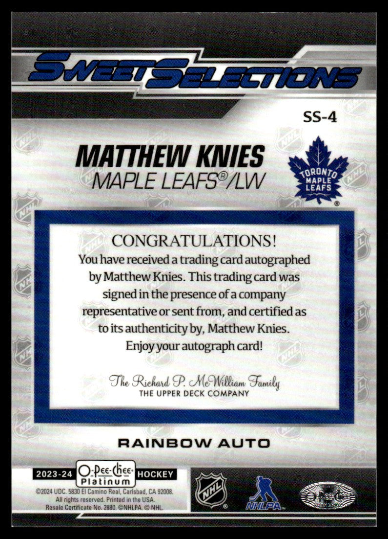 2023 Upper Deck O-Pee-Chee Platinum SS-4 Matthew Knies Sweet Selections Rainbow Maple Leafs Auto