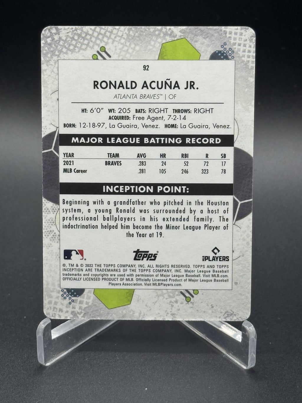 2022 Topps Inception #92 Ronald Acuña Jr. Printing Plate Cyan 1/1