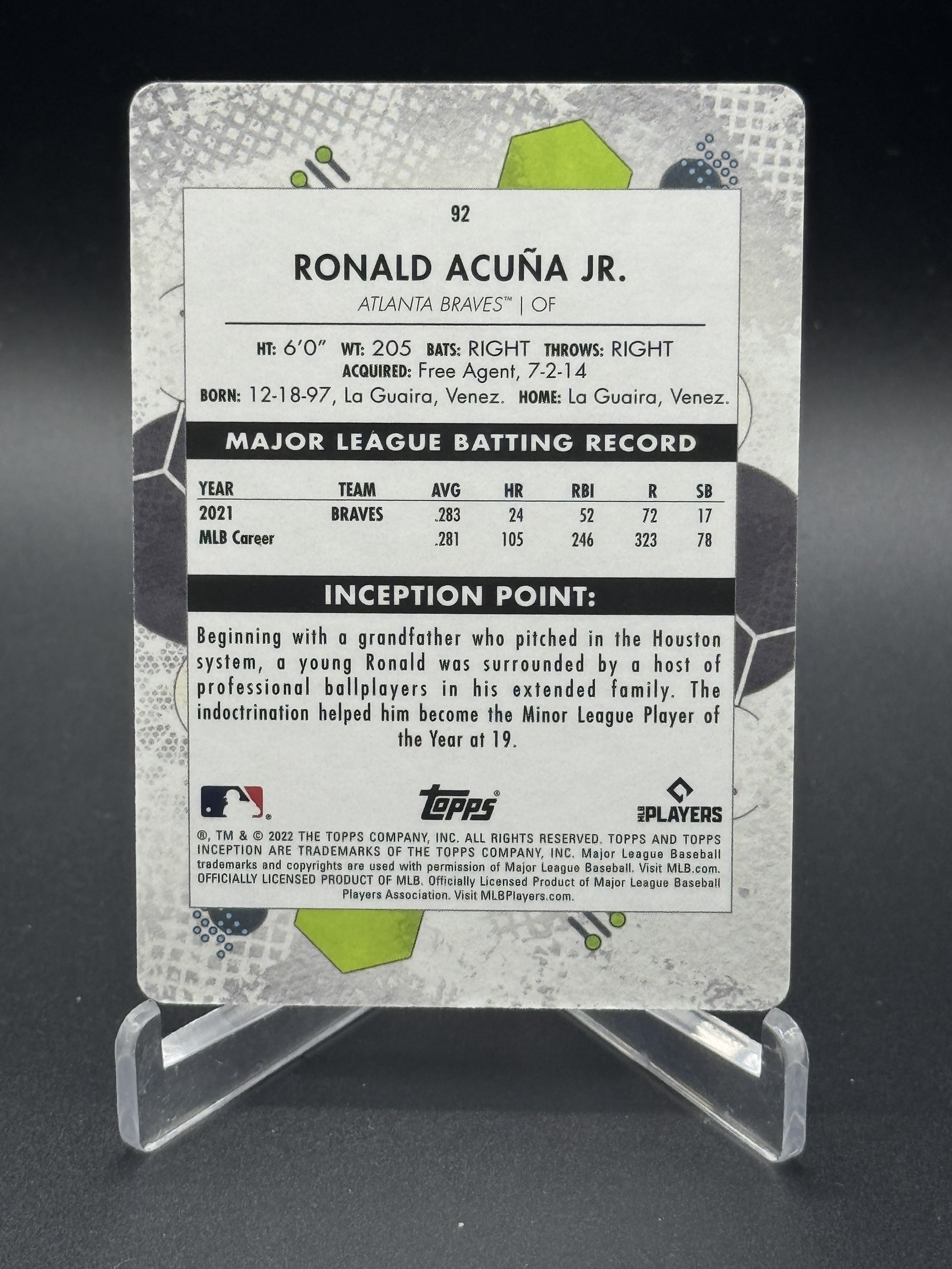 2022 Topps Inception #92 Ronald Acuña Jr. Printing Plate Cyan 1/1