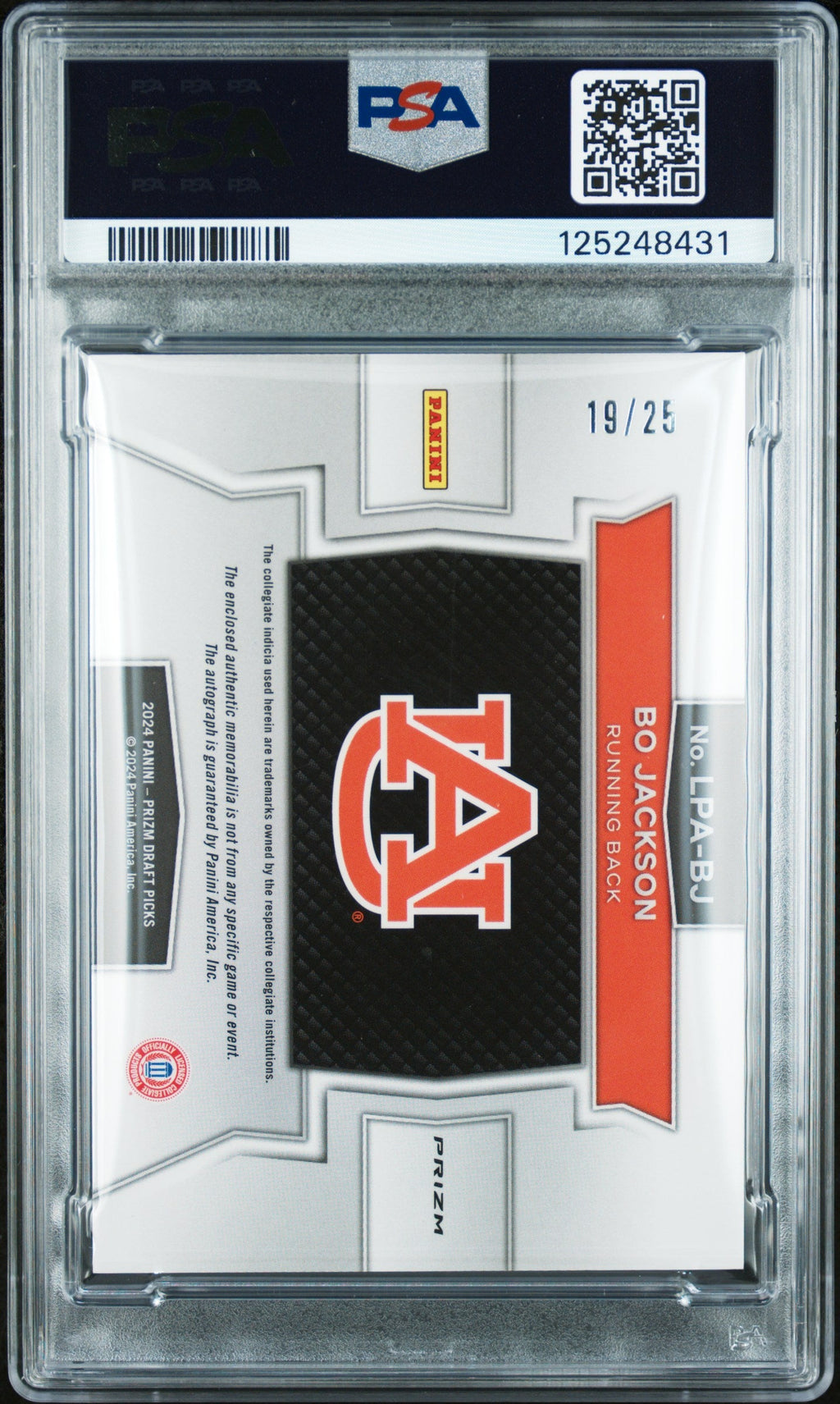 2024 Prizm Draft Picks #LPA-BJ Bo Jackson Legends Patch Auto Tie Dye /25 PSA 9