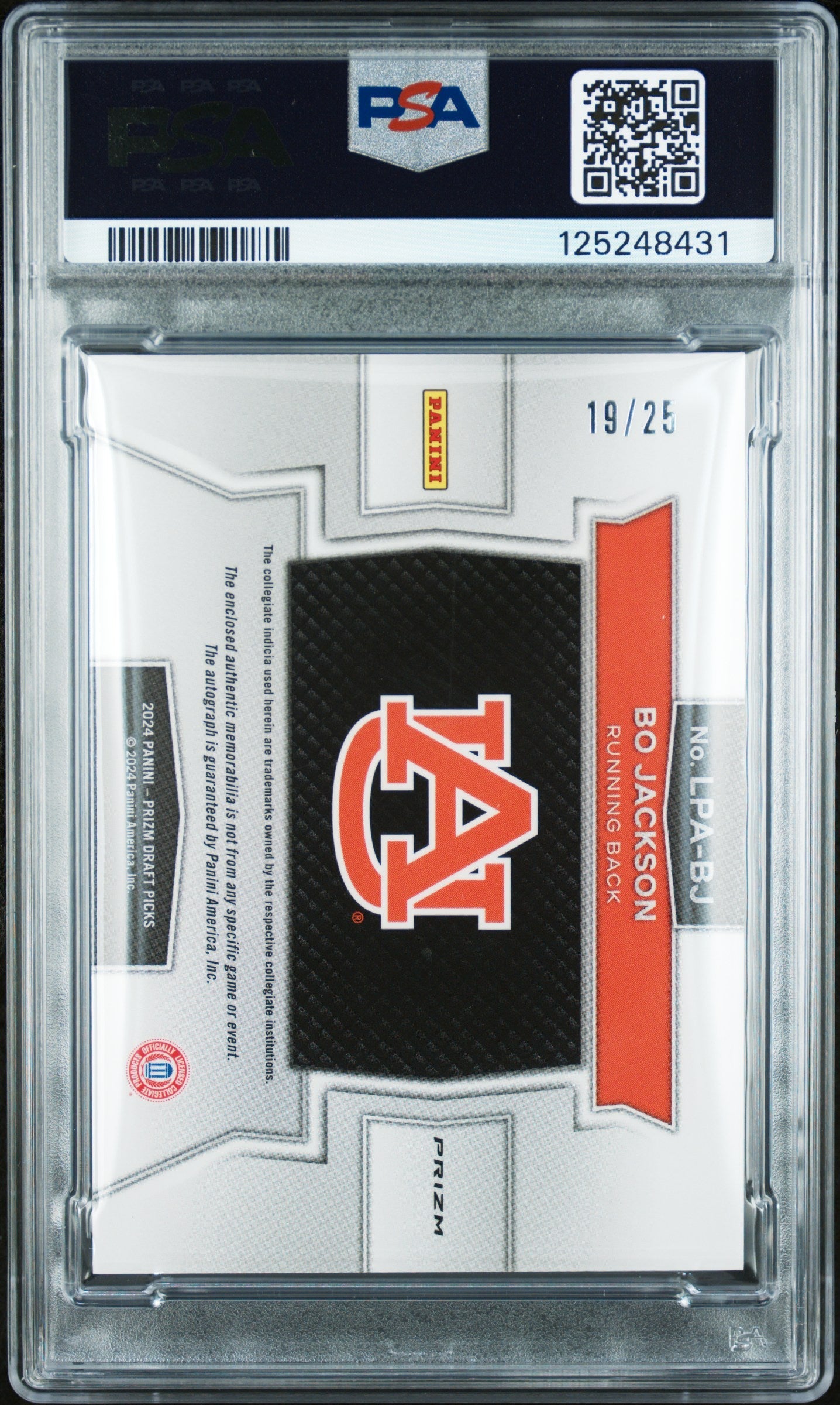 2024 Prizm Draft Picks #LPA-BJ Bo Jackson Legends Patch Auto Tie Dye /25 PSA 9