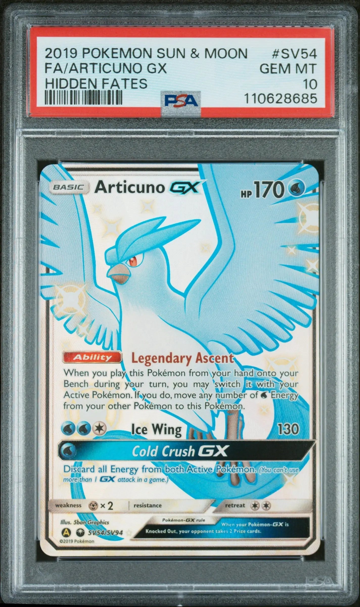 PSA 10 - 2019 POKEMON SUN & MOON HIDDEN FATES #SV54 FA/ARTICUNO GX HIDDEN FATES