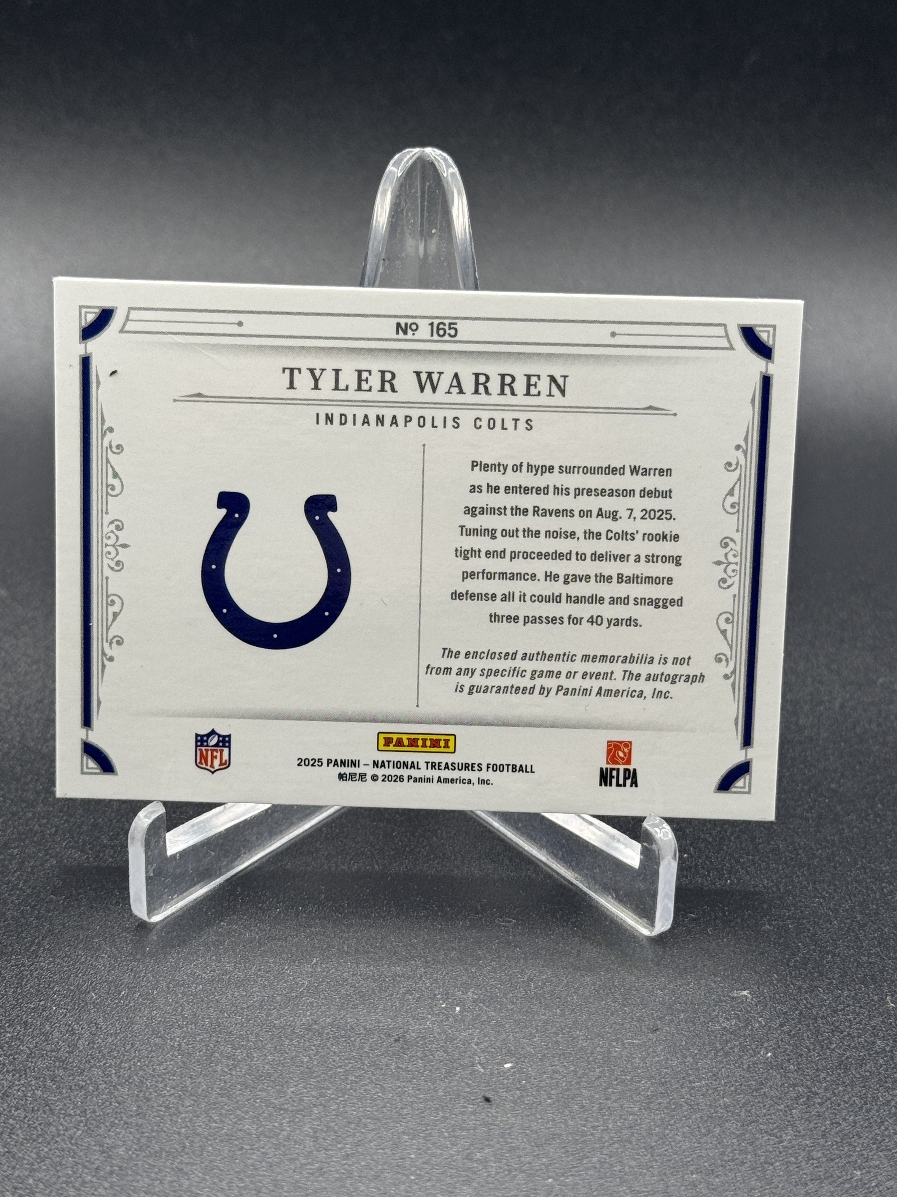 2025 National Treasures #165 Tyler Warren Rookie Patch Autographs Jersey /84