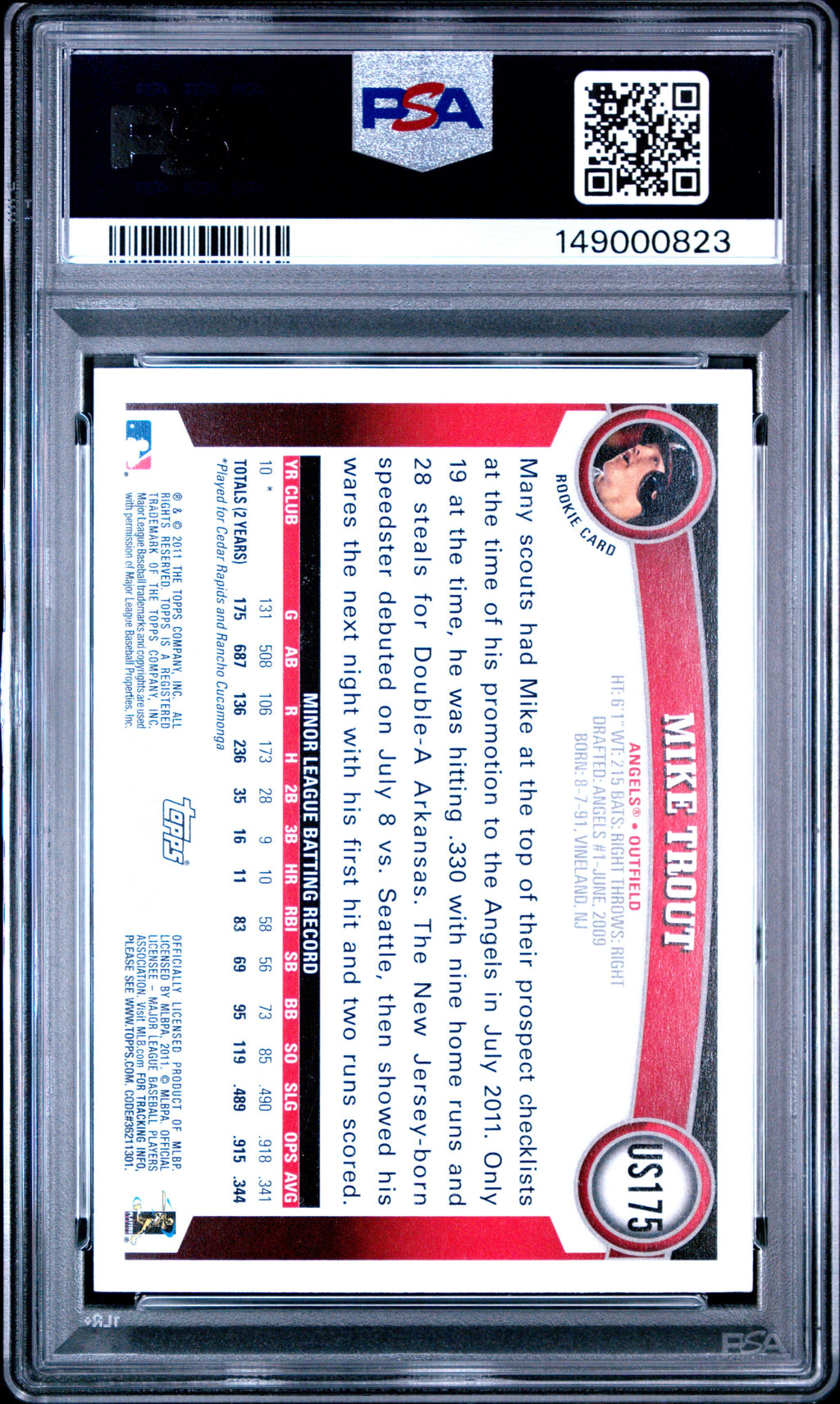 2011 Topps Update #US175 Mike Trout Rookie RC PSA Authentic