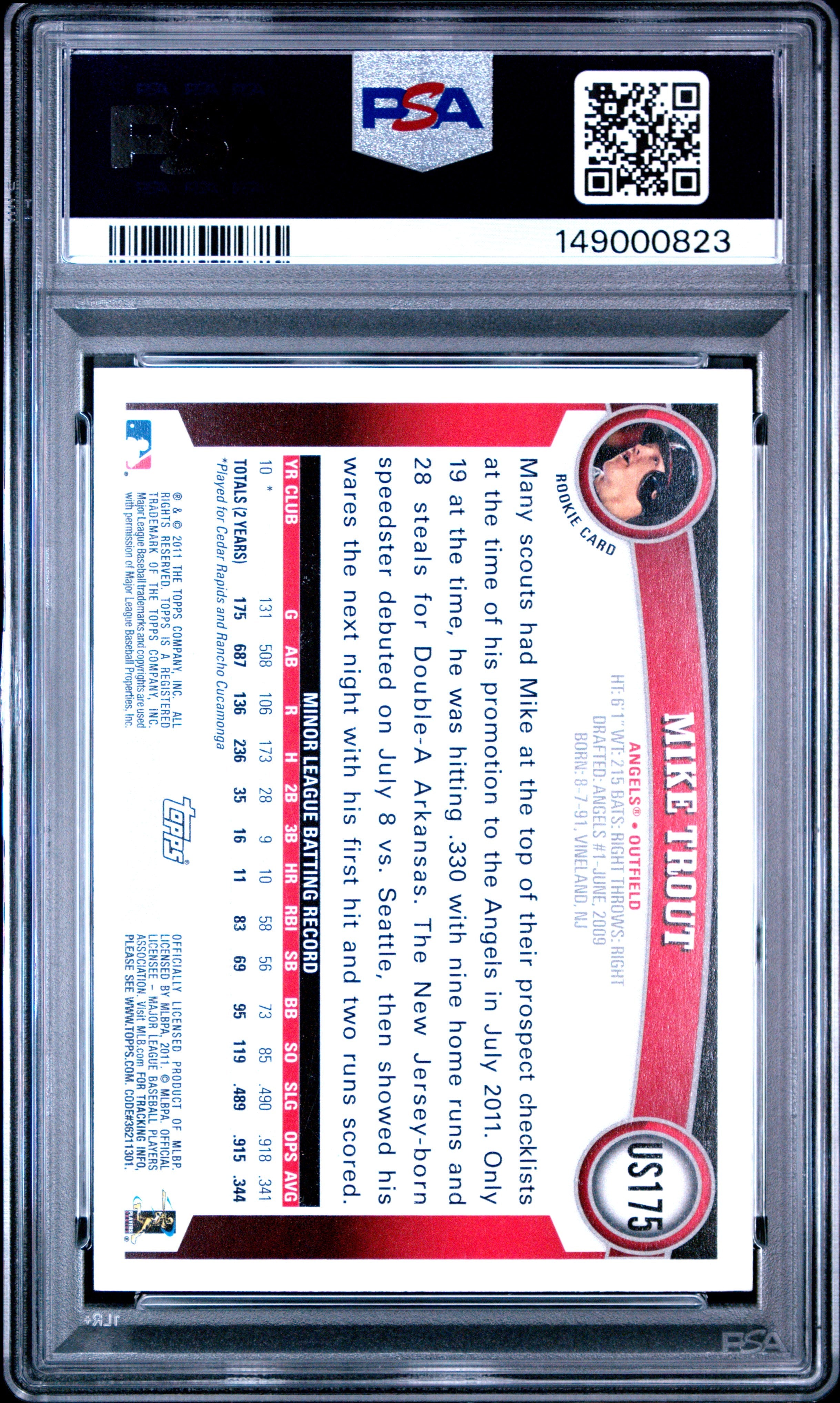 2011 Topps Update #US175 Mike Trout Rookie RC PSA Authentic