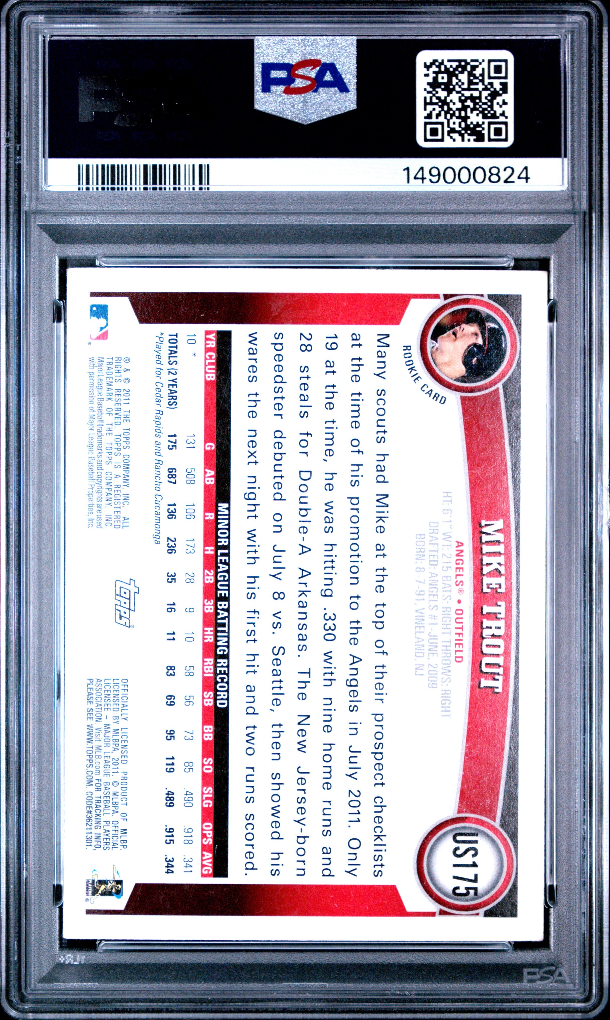 2011 Topps Update #US175 Mike Trout Rookie RC Diamond Anniversary PSA Authentic