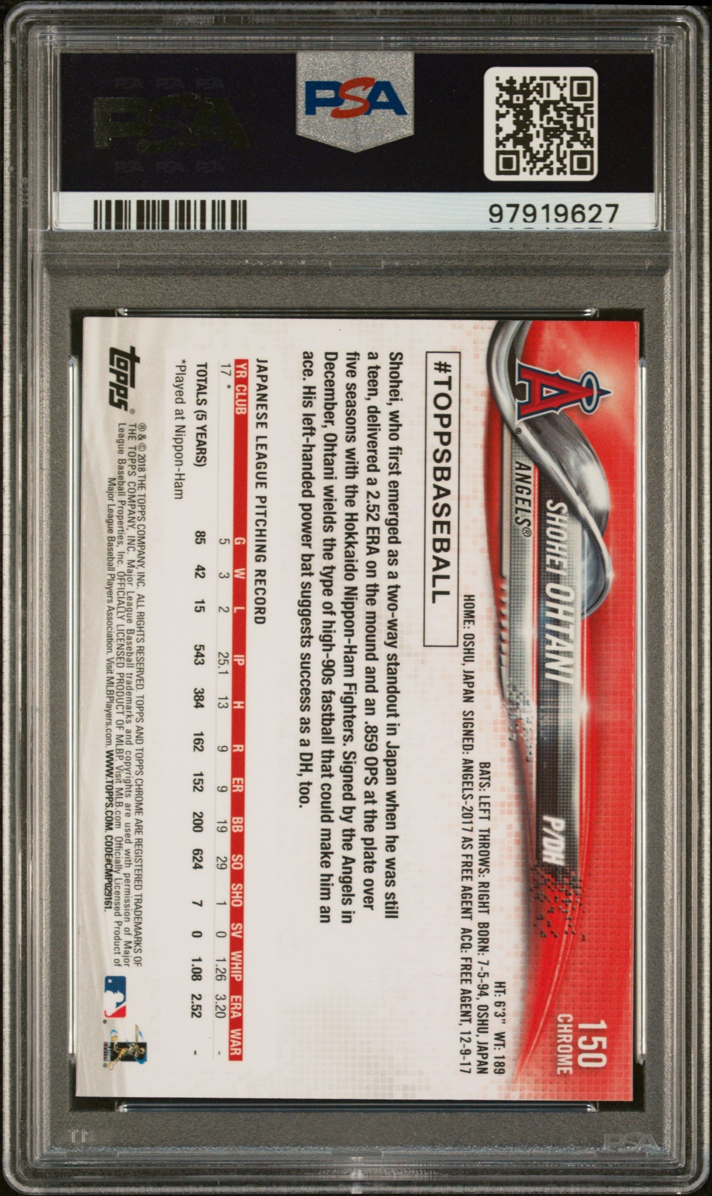 2018 Topps Chrome #150 Shohei Ohtani Rookie RC PSA 9