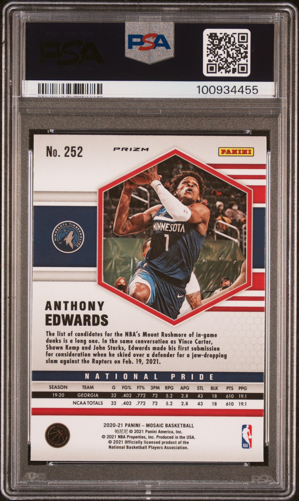 2020-21 Panini Mosaic #252 Anthony Edwards Mosaic Red Wave PSA 10