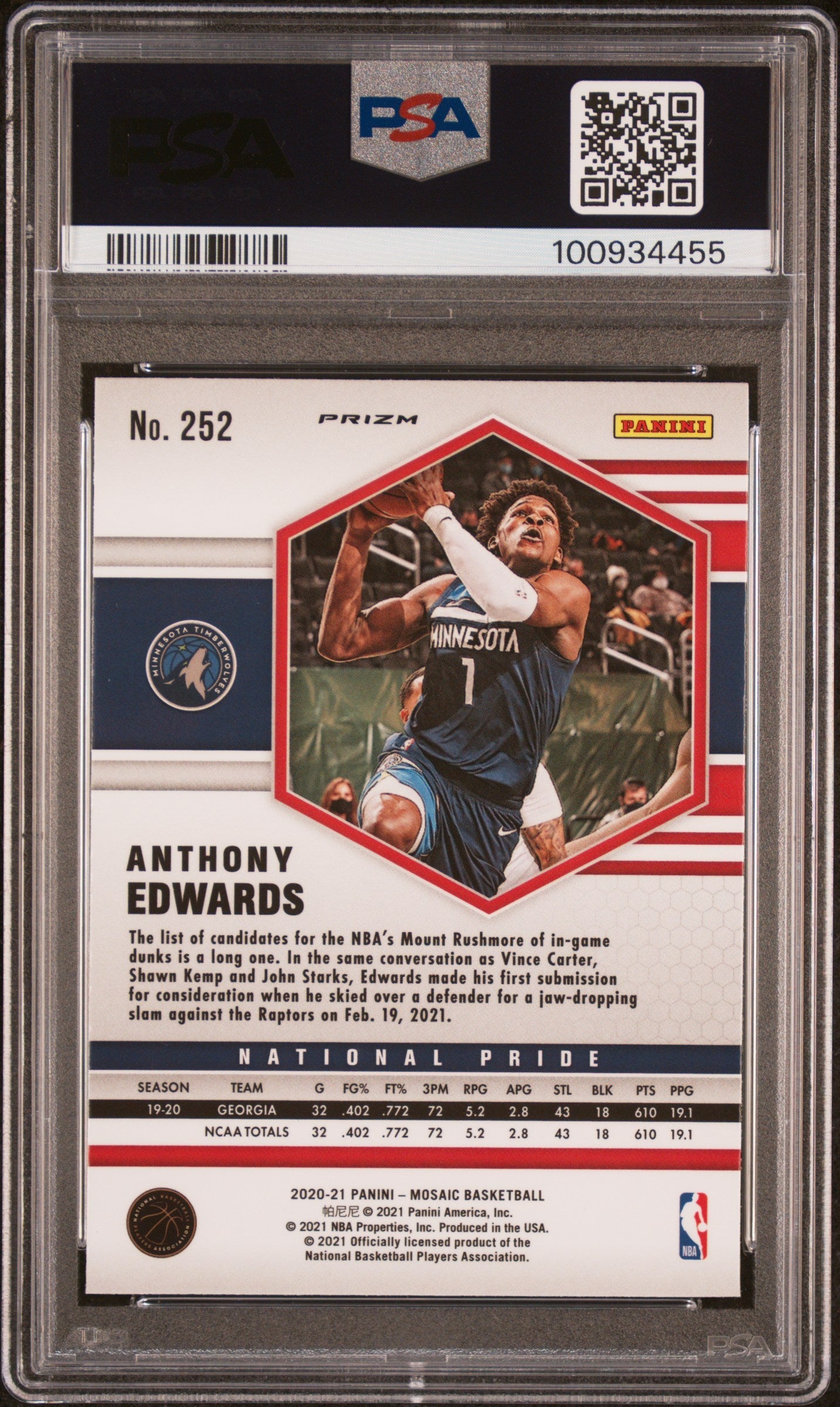 2020-21 Panini Mosaic #252 Anthony Edwards Mosaic Red Wave PSA 10