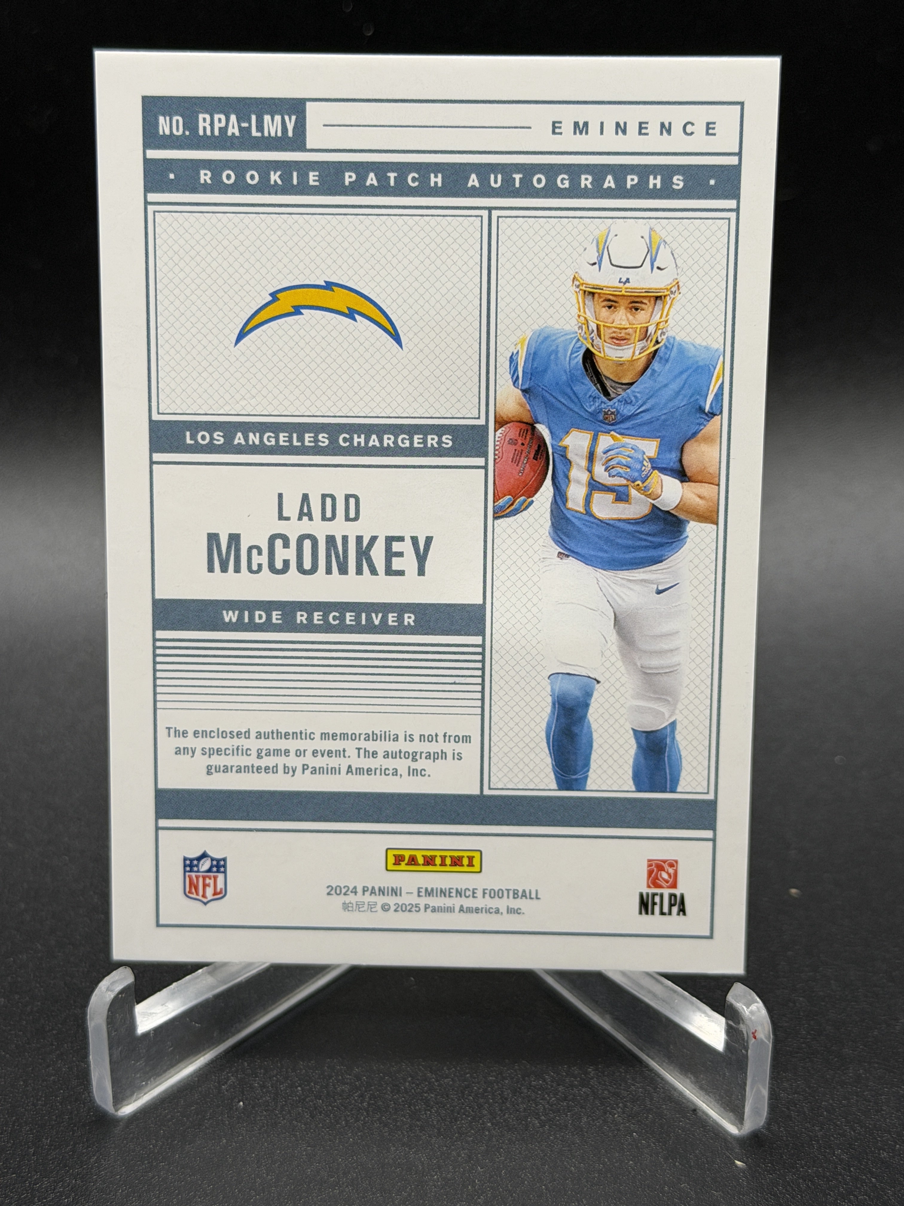 2024 Eminence #RPA-LMY Ladd McConkey Rookie Nike Swoosh Patch Auto Green /3