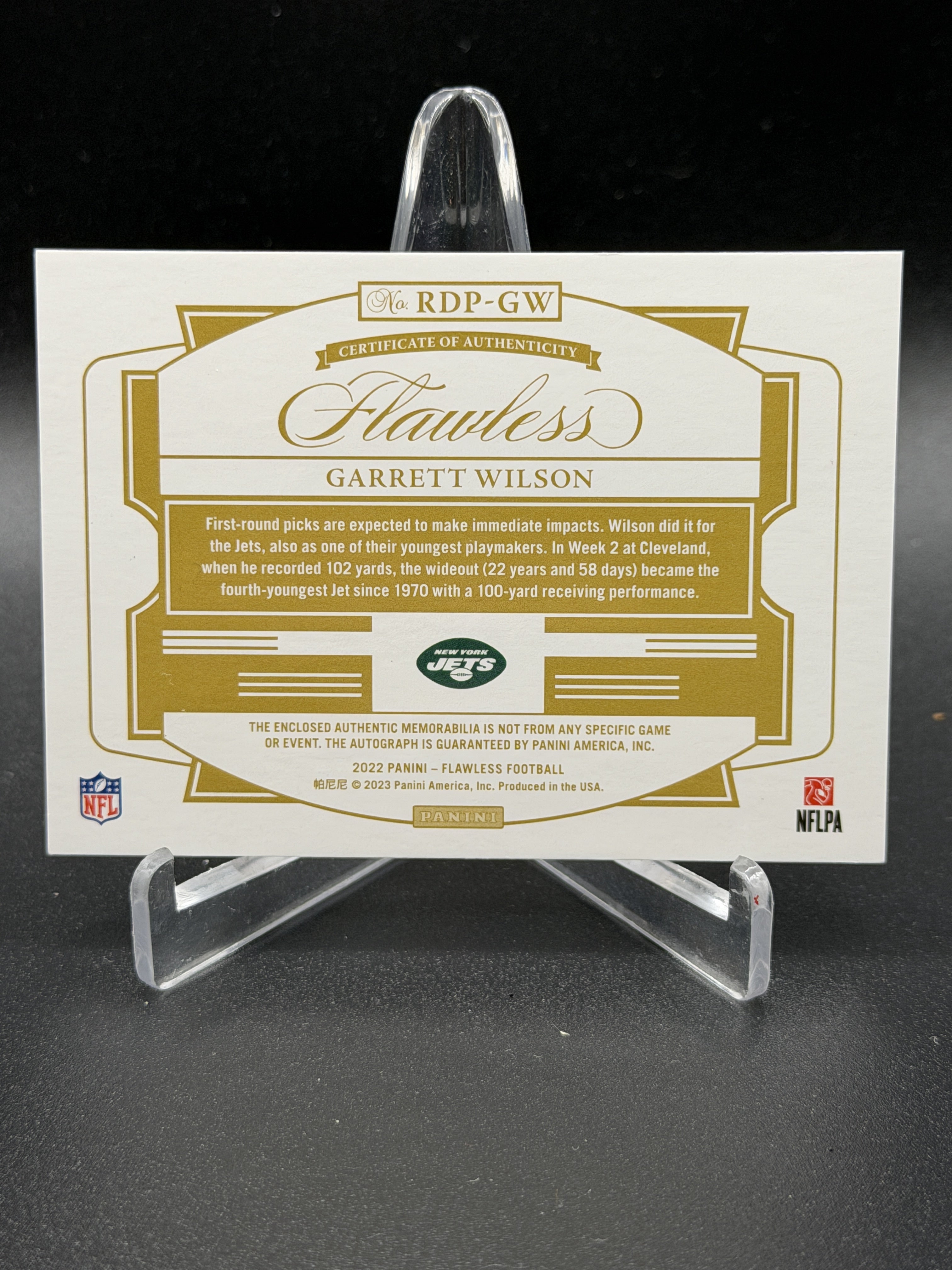 2022 Flawless #RDP-GW Garrett Wilson Rookie Dual Patch Auto Silver /20