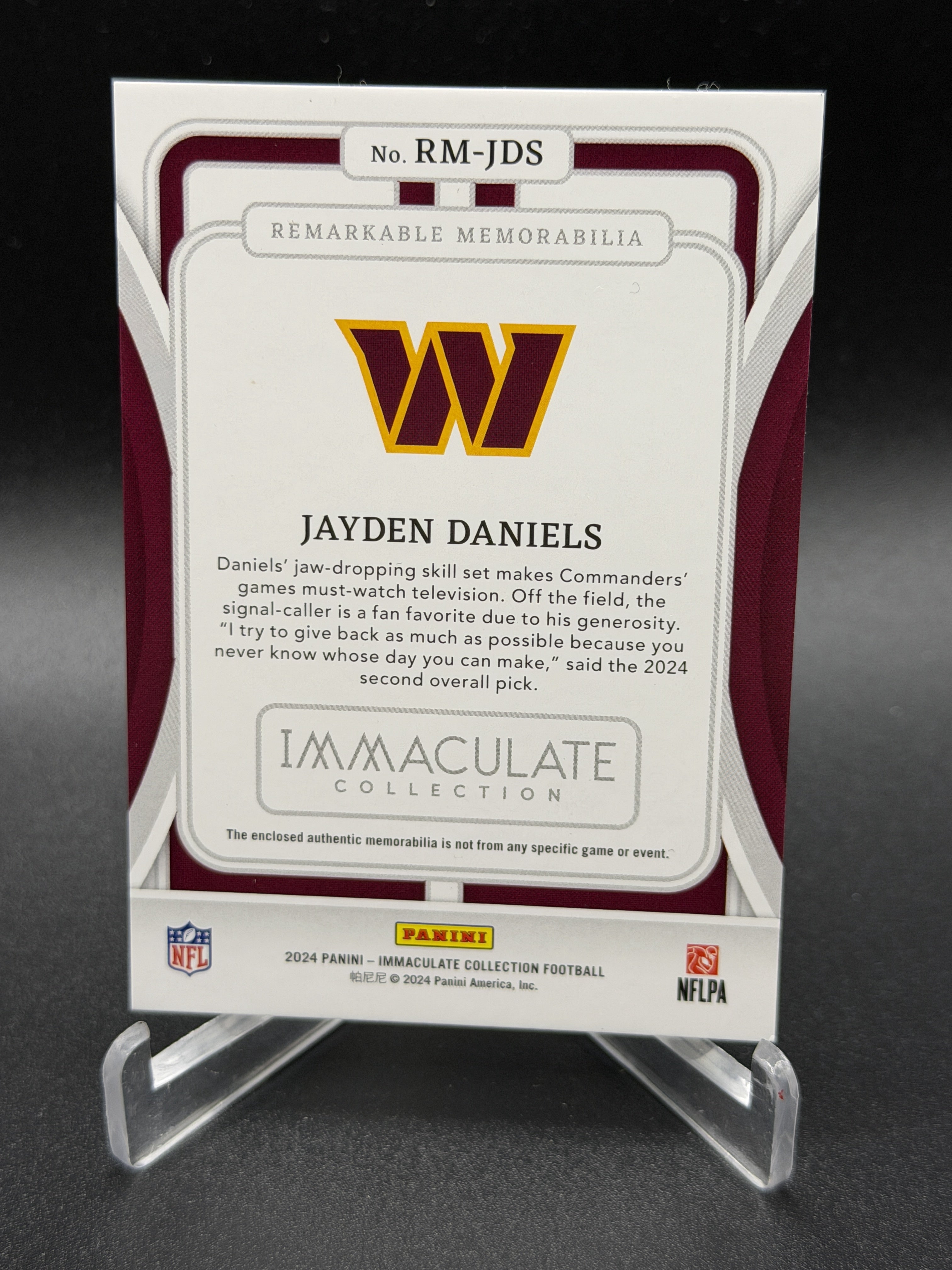 2024 Panini Immaculate #RM-JDS Jayden Daniels Remarkable Memorabilia #/49