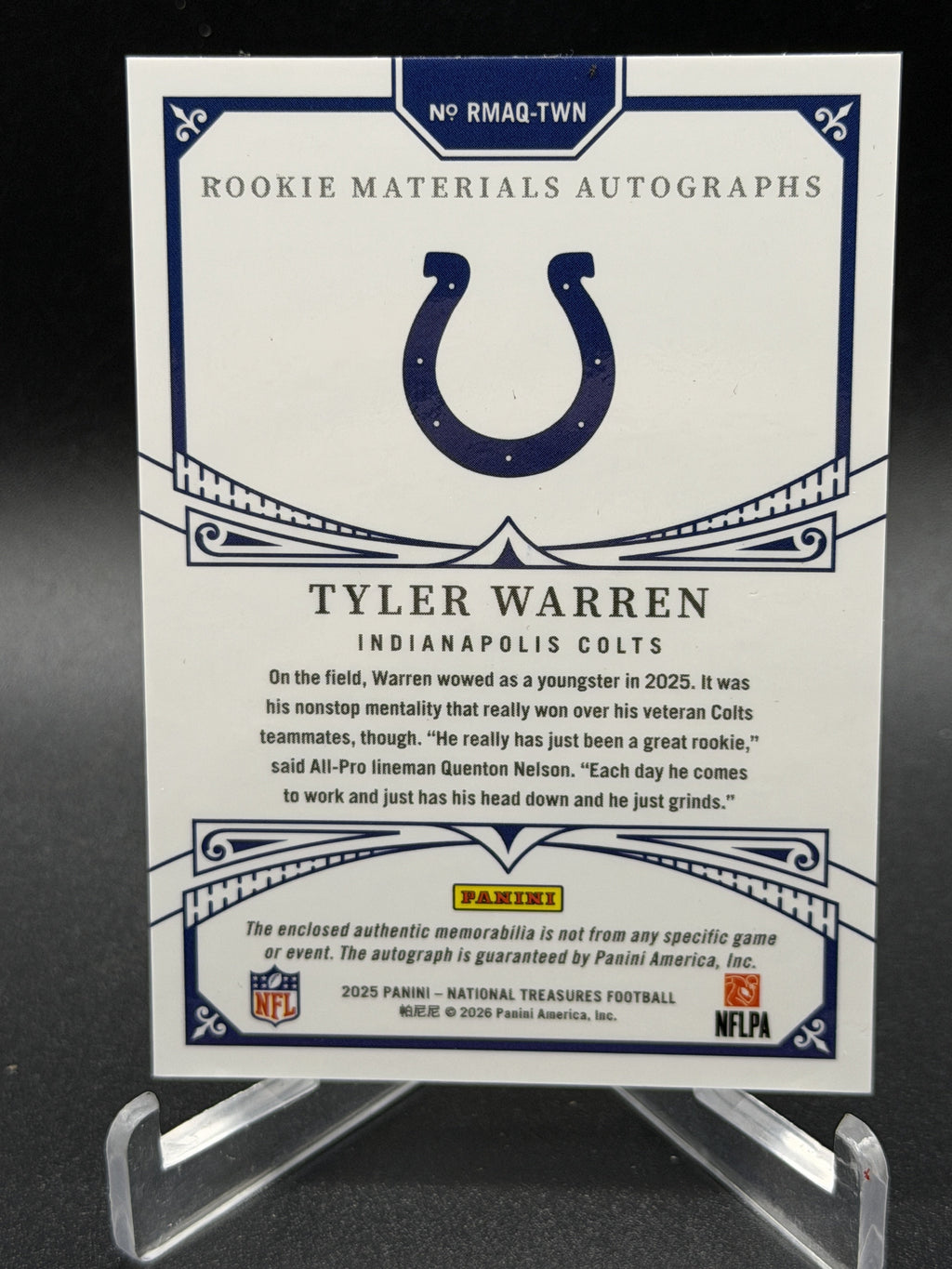 2025 National Treasures #RMAQ-TWN Tyler Warren Rookie Materials Auto Quad /99