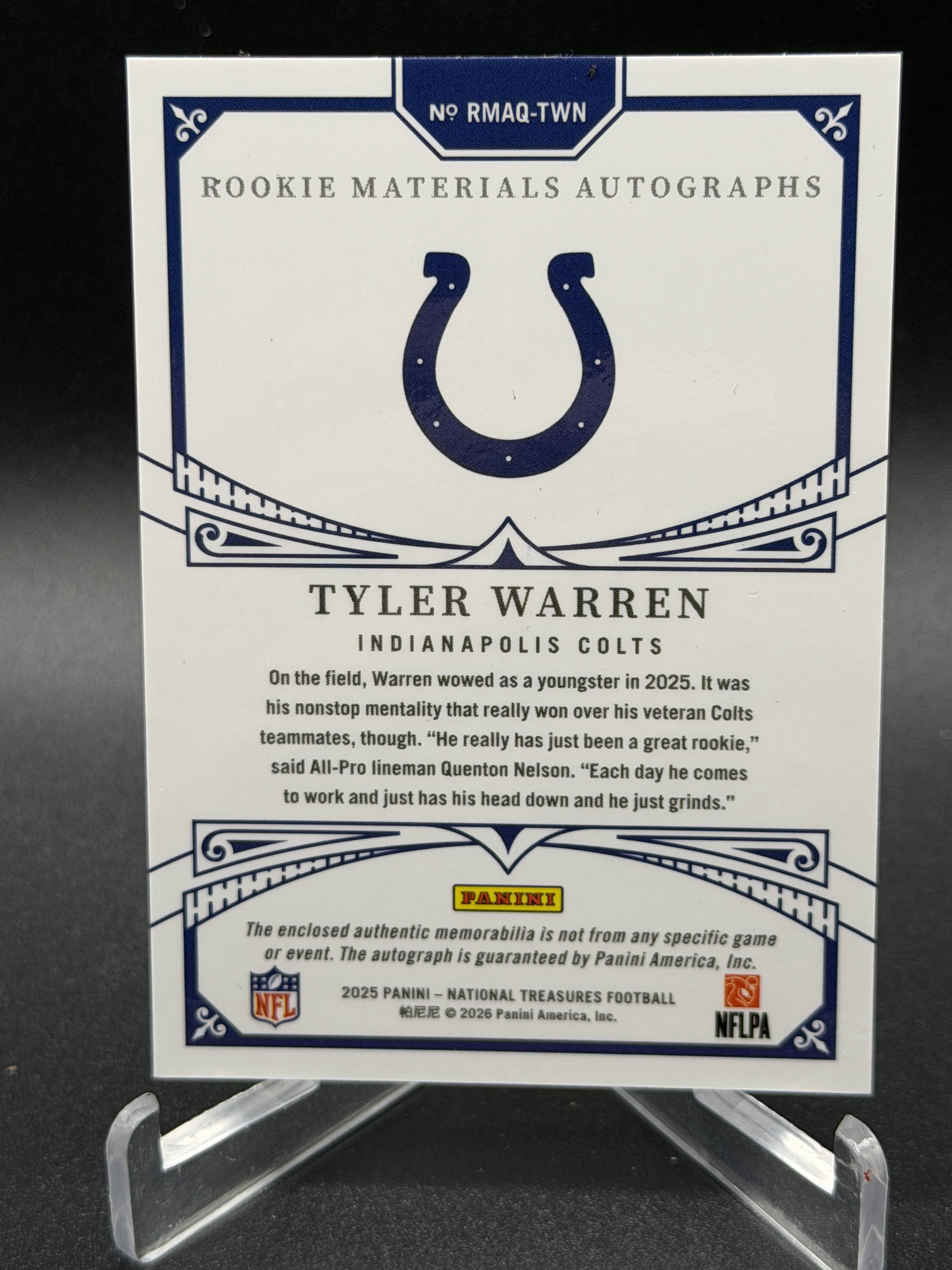 2025 National Treasures #RMAQ-TWN Tyler Warren Rookie Materials Auto Quad /99