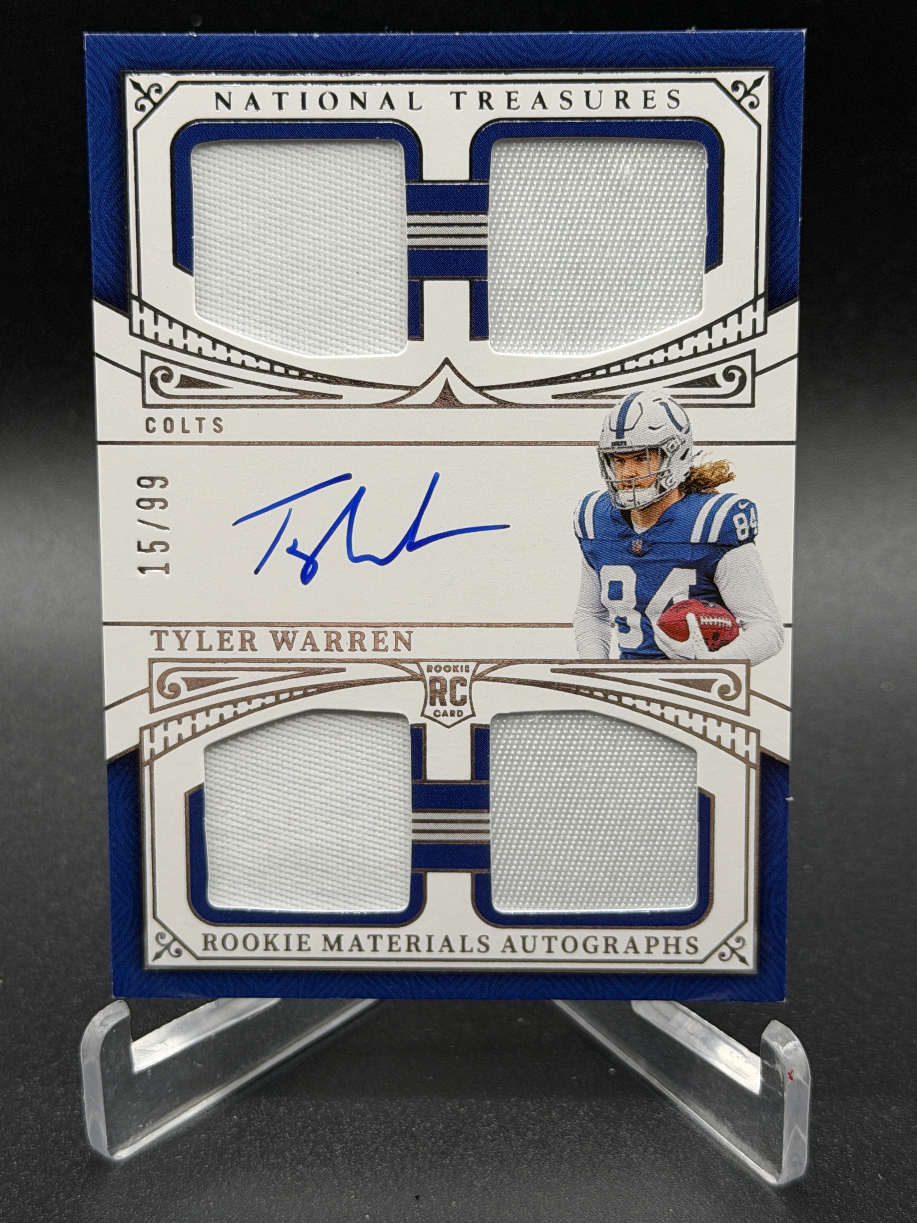 2025 National Treasures #RMAQ-TWN Tyler Warren Rookie Materials Auto Quad /99