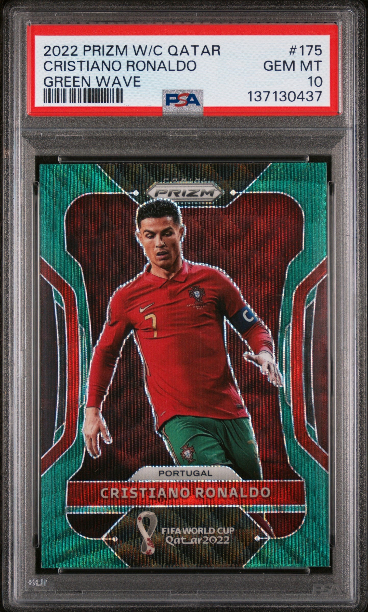 2022 Panini Prizm FIFA World Cup #175 Cristiano Ronaldo Green Wave PSA 10