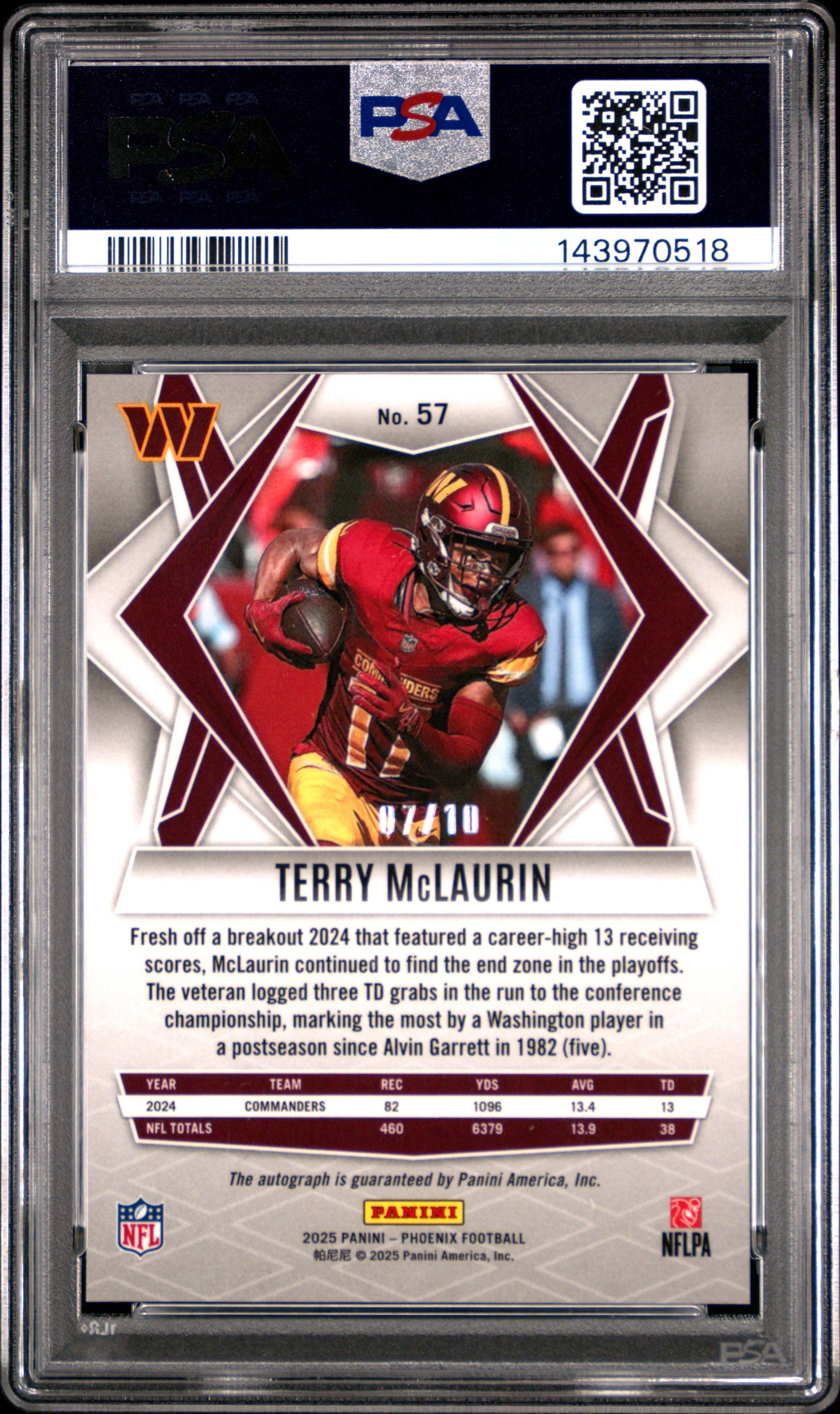 2025 Panini Phoenix #57 Terry McLaurin Autographs Gold Prizm PSA 10 #/10