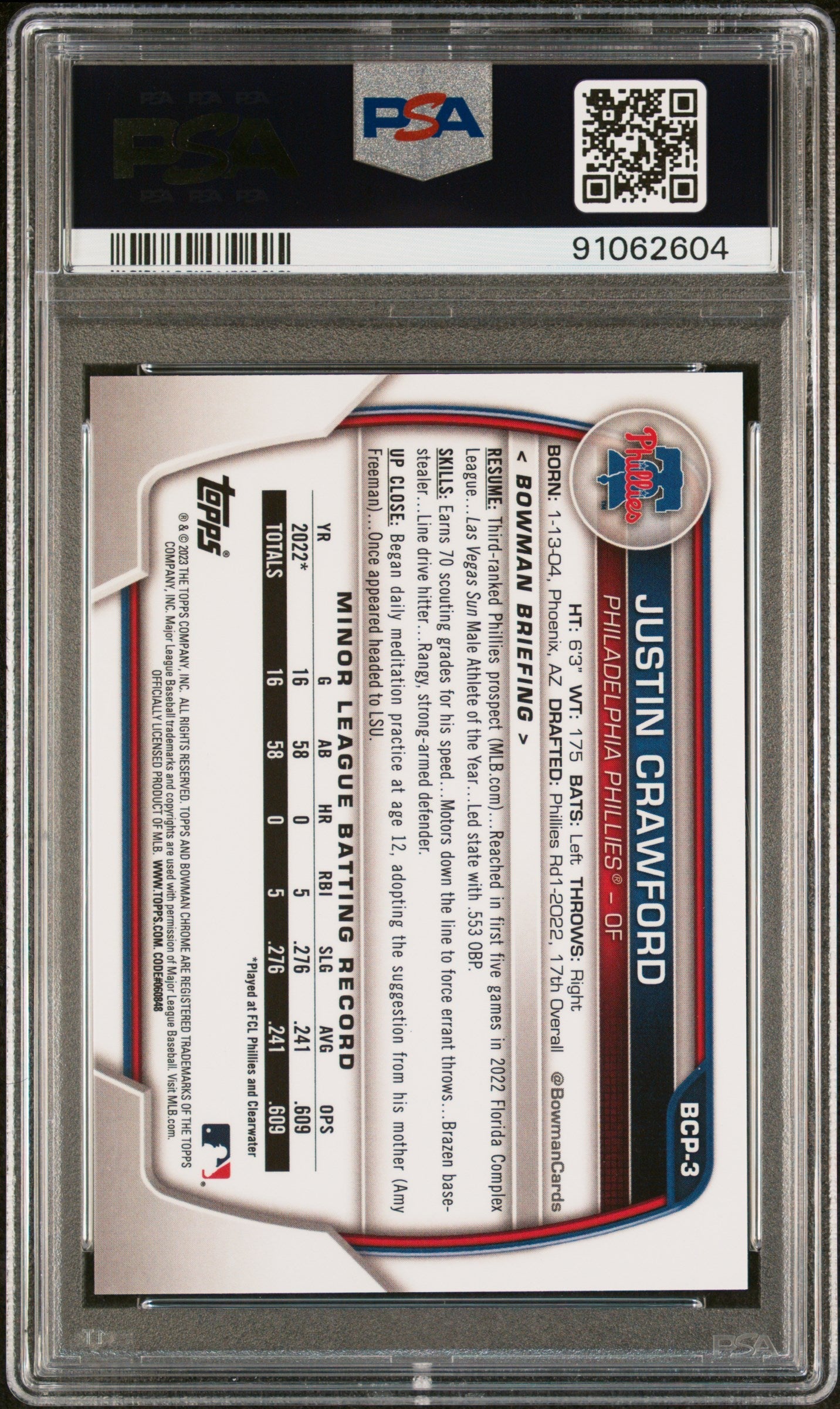 2023 Bowman Chrome Sapphire Edition #BCP-3 Justin Crawford 1st Aqua PSA 10 #/55