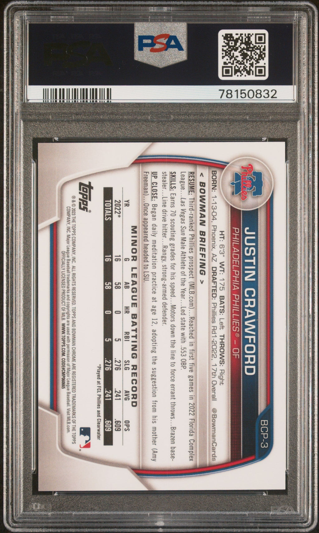 2023 Bowman Justin Crawford 1st Chrome Fuchsia Crater Refractor PSA 10 /199