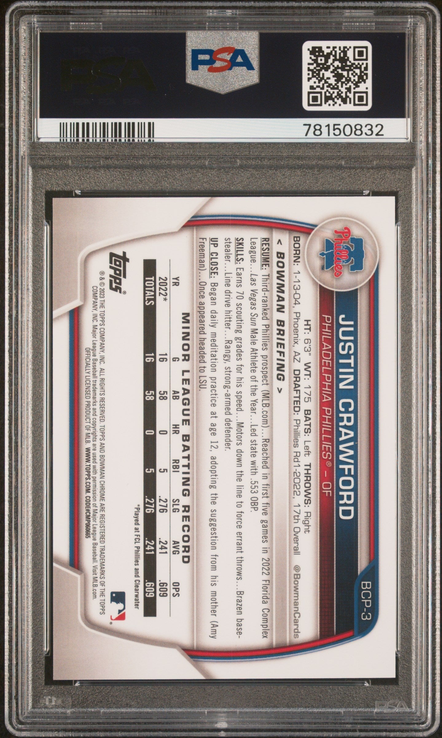 2023 Bowman Justin Crawford 1st Chrome Fuchsia Crater Refractor PSA 10 /199