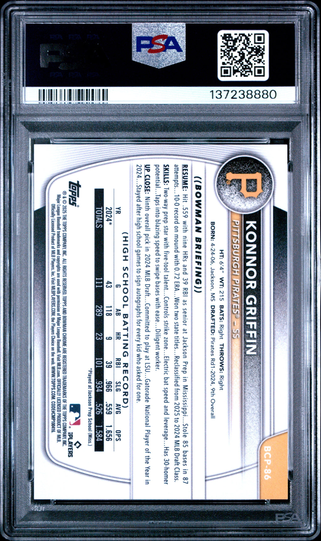 2025 Bowman #BCP-86 Konnor Griffin Chrome Fuchsia Wave Refractor PSA 10 /199