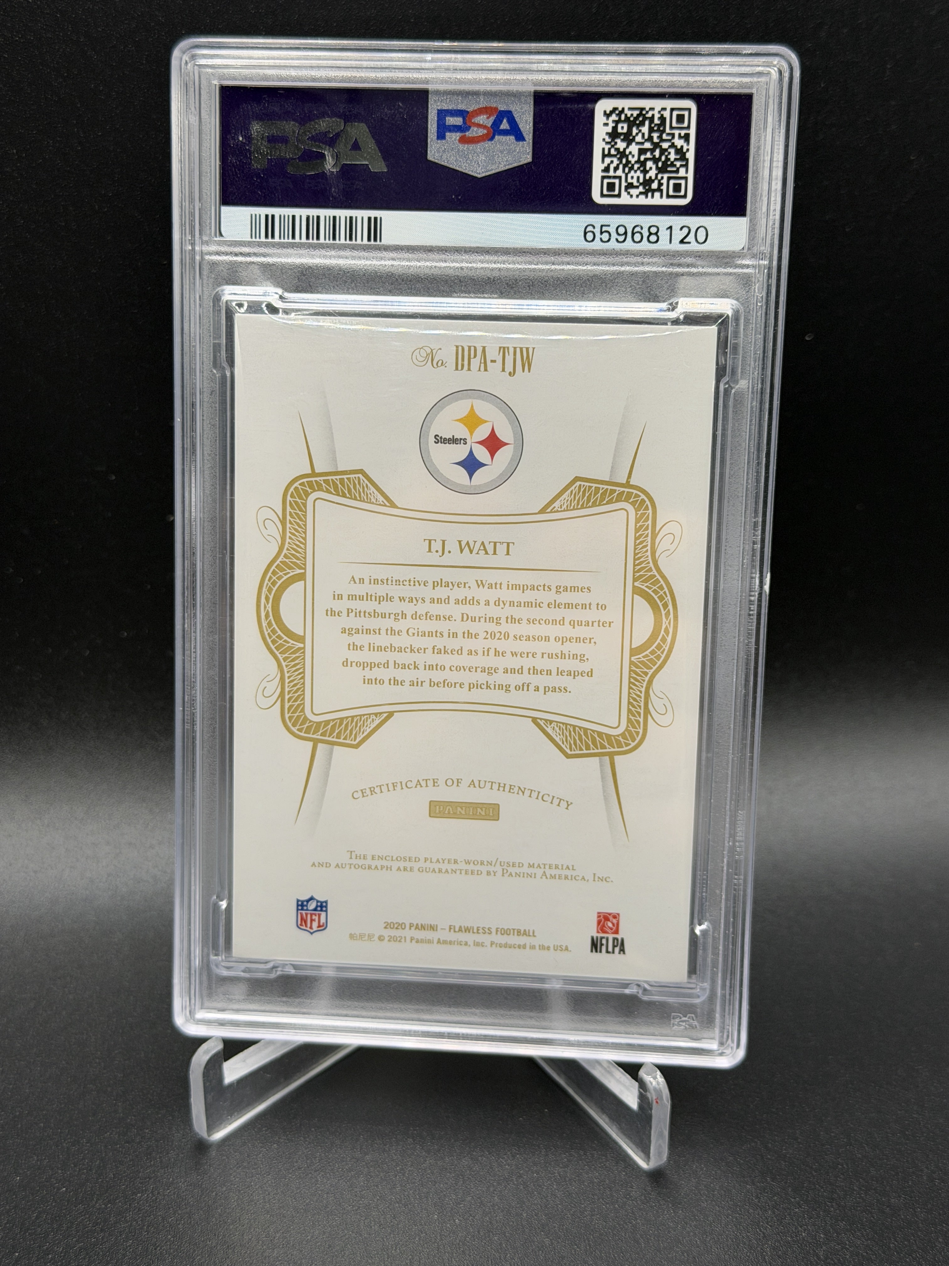 2020 Panini Flawless #DPA-TJW T.J. Watt Dual Patch Autographs PSA 9 #/25
