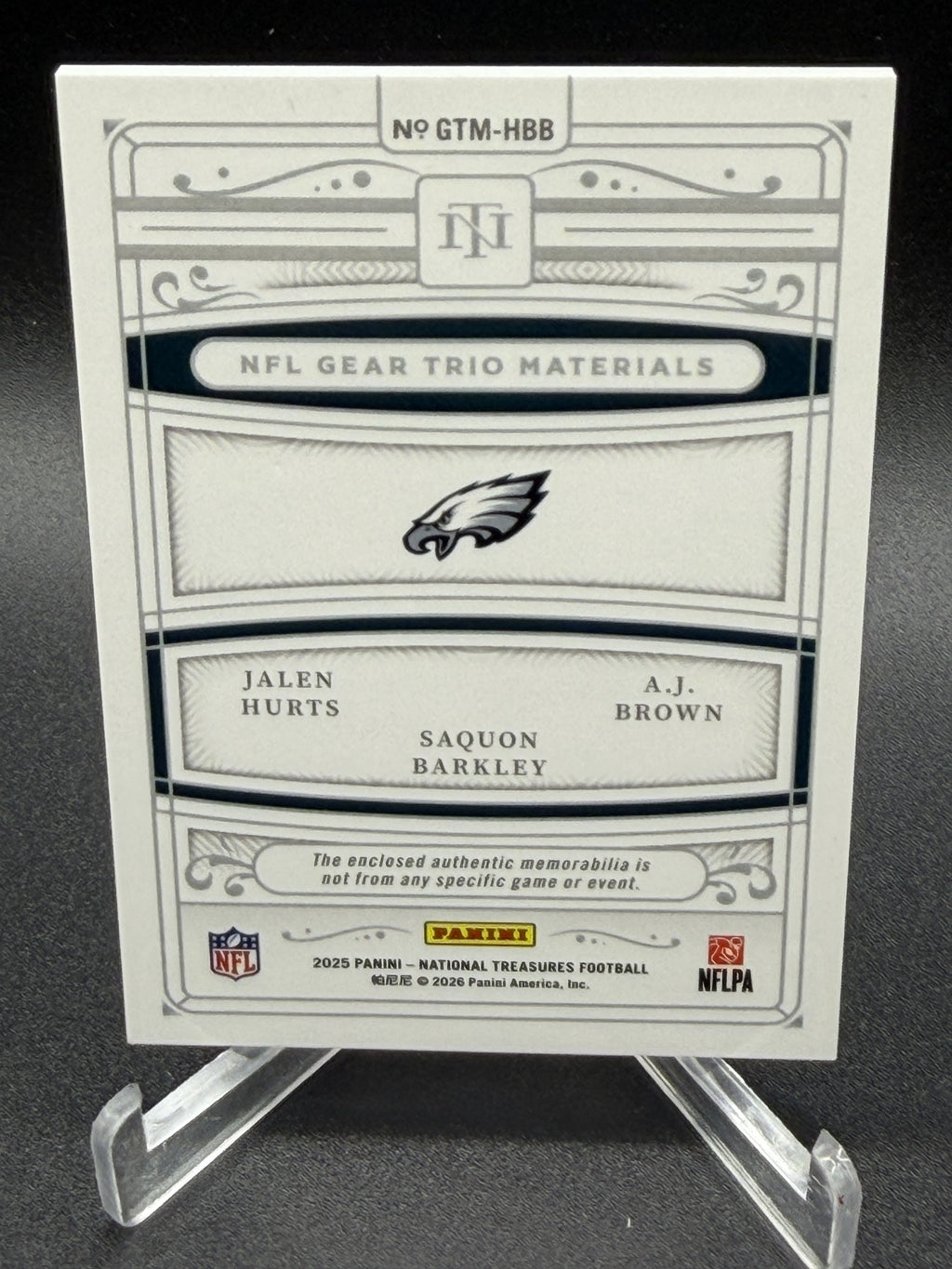 2025 National Treasures Jalen Hurts AJ Brown Saquon Barkley NFL Gear Trio /25