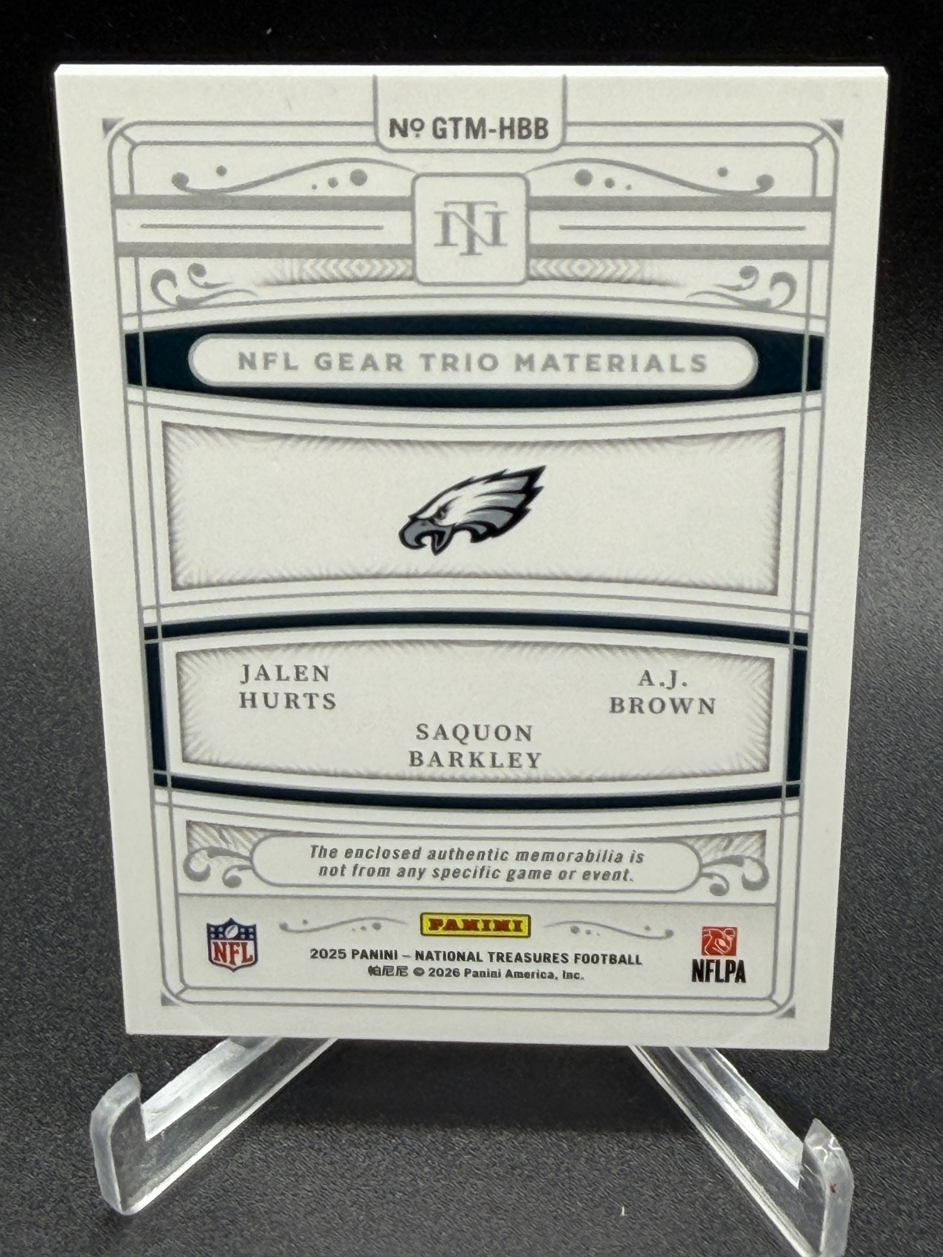 2025 National Treasures Jalen Hurts AJ Brown Saquon Barkley NFL Gear Trio /25