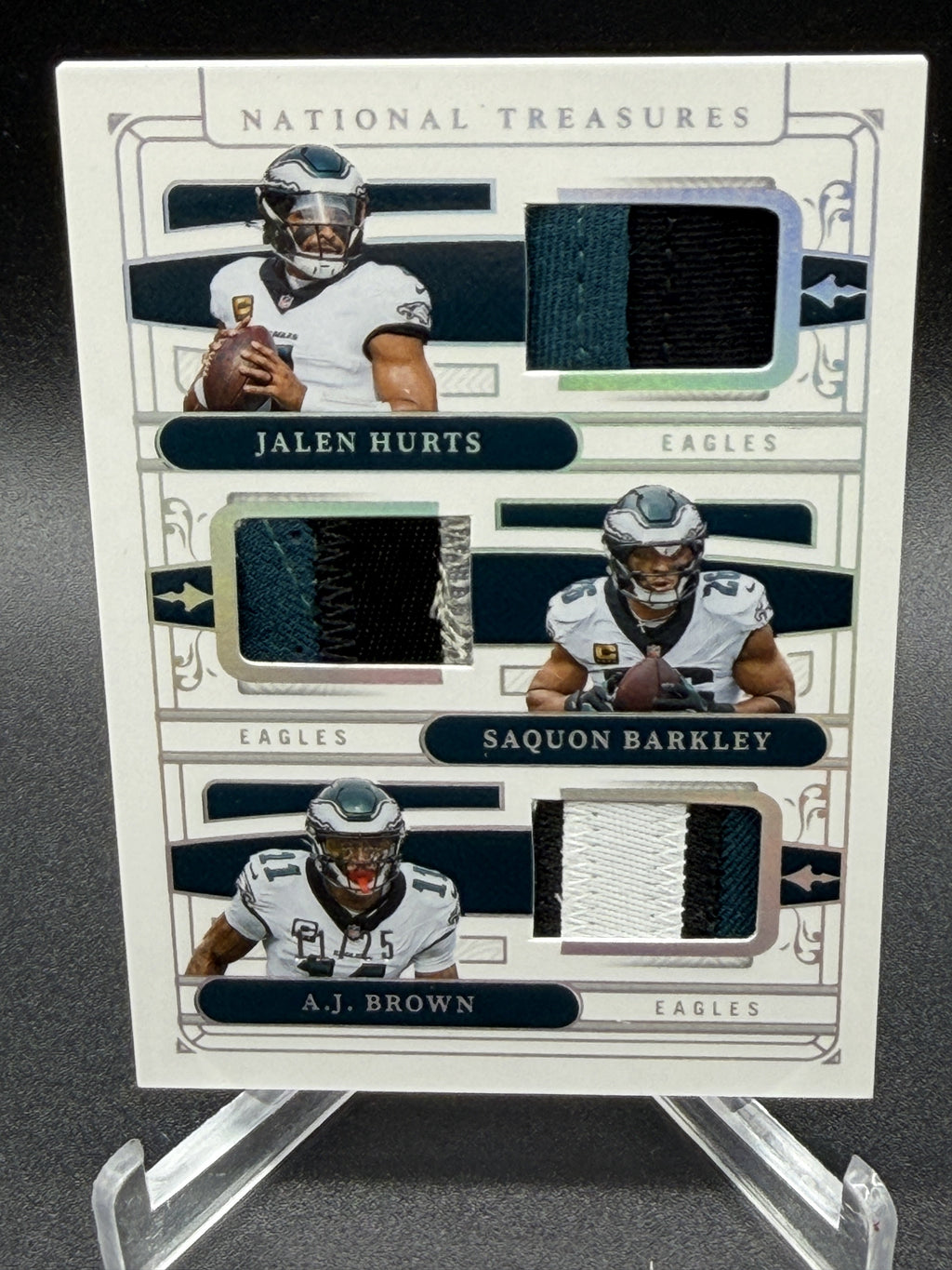 2025 National Treasures Jalen Hurts AJ Brown Saquon Barkley NFL Gear Trio /25