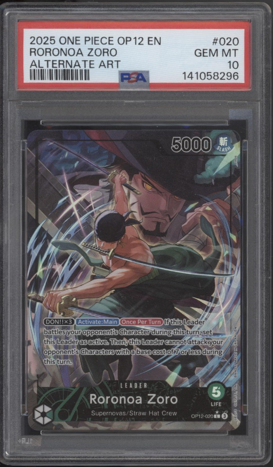 Roronoa Zoro One Piece Card Game OP12 Alternate Art #020 PSA 10