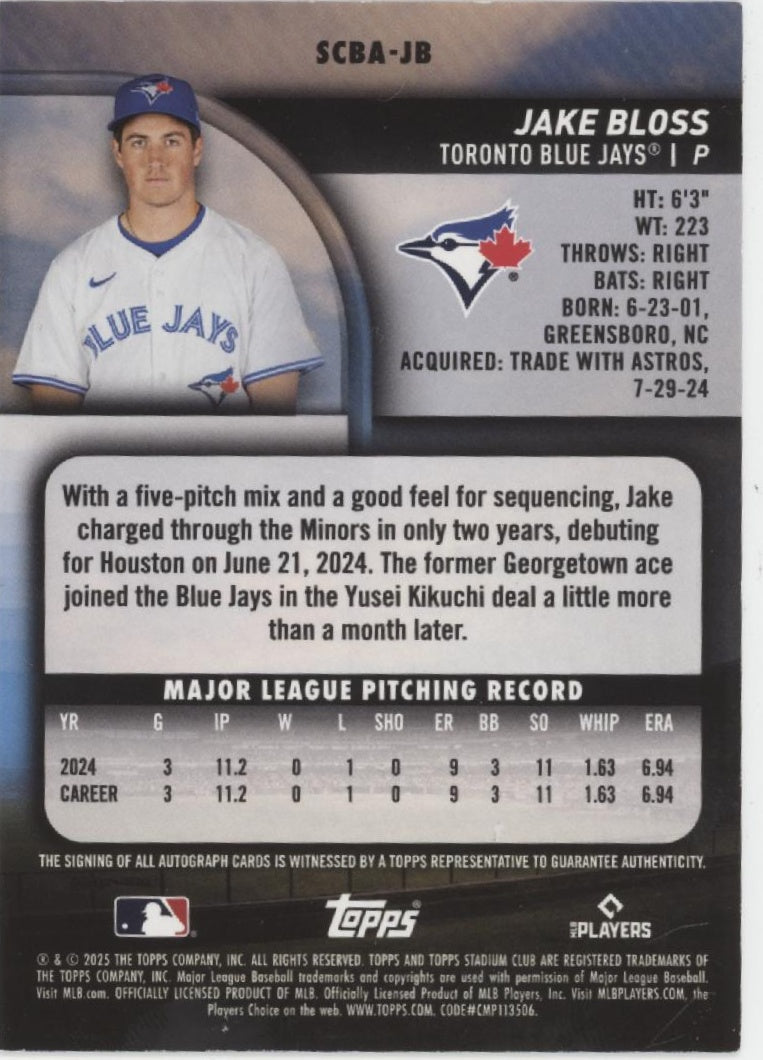 Jake Bloss 2025 Topps Stadium Club Holo RC Auto 01/25 #SCBA-JB