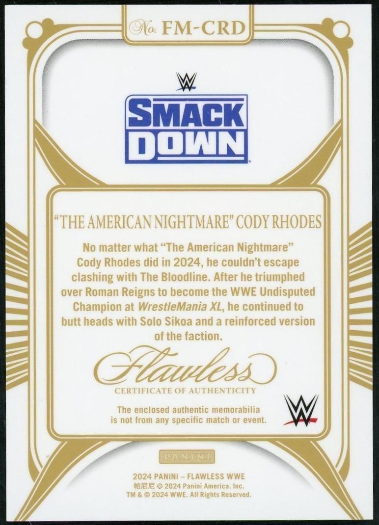 2024 Panini Flawless WWE "the American Nightmare" Cody Rhodes Emerald /3