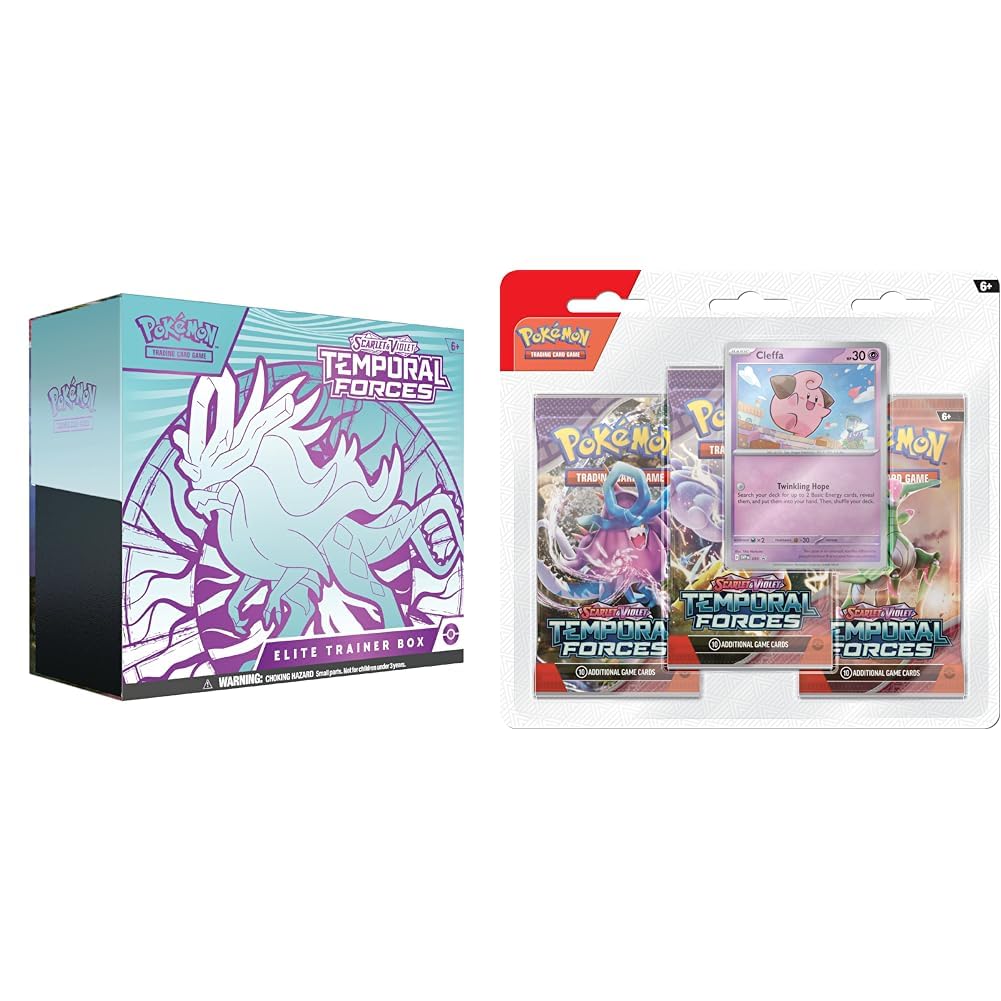 Pokémon TCG: Karmesin & Purpur – Zeitentore Top-Trainer-Box – Windewoge & Pokémon TCG: Karmesin & Purpur – Zeitentore Triangel-Pack – Klonkett (3 Boosterpacks & 1 holografische Promokarte)