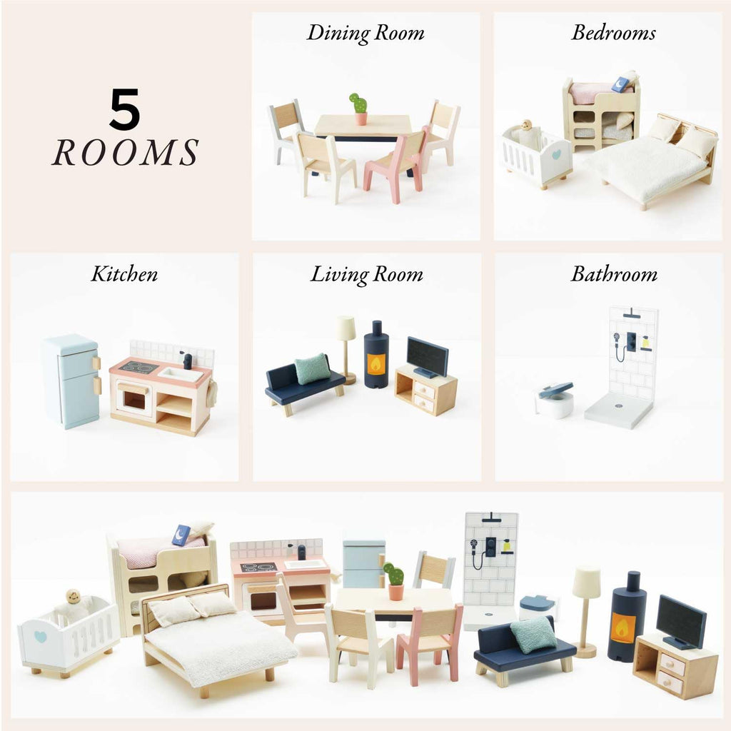 Le Toy Van - Wooden Dolls House Full Starter Furniture & Accessories Play Set For Dolls Houses | Girls Or Boys Dolls House Furniture Sets - Suitable For Ages 3+