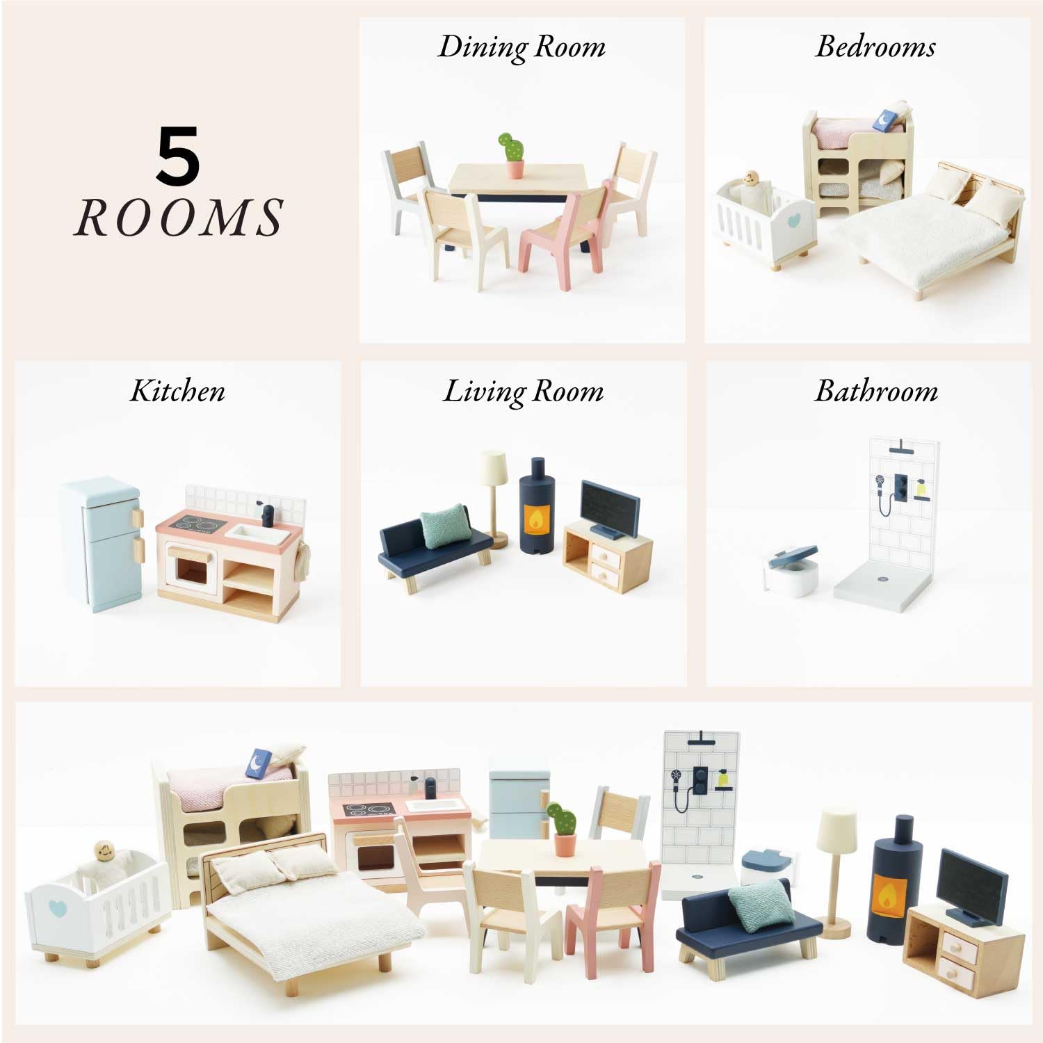 Le Toy Van - Wooden Dolls House Full Starter Furniture & Accessories Play Set For Dolls Houses | Girls Or Boys Dolls House Furniture Sets - Suitable For Ages 3+