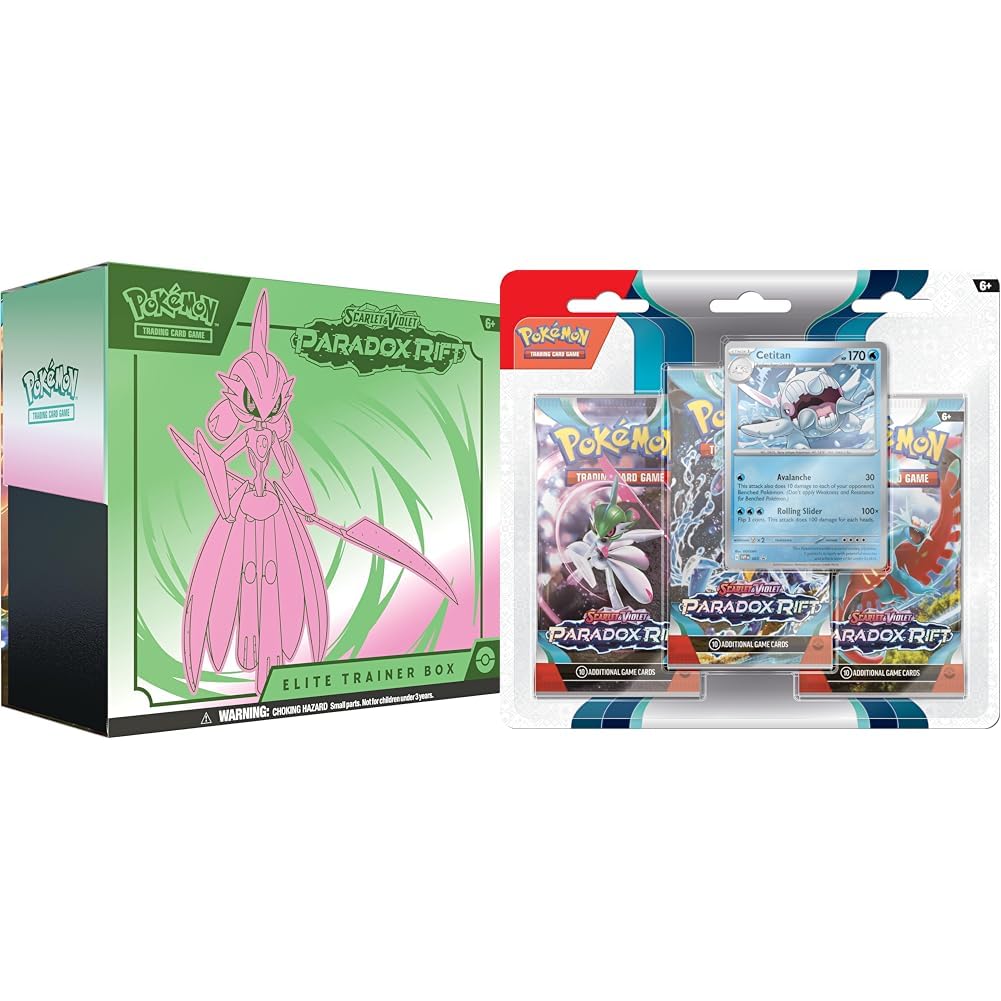 Pokémon TCG: Karmesin & Purpur – Paradoxrift Top-Trainer-Box – Eisenkrieger & TCG: Karmesin & Purpur – Paradoxrift Dreierpack – Kolossalon