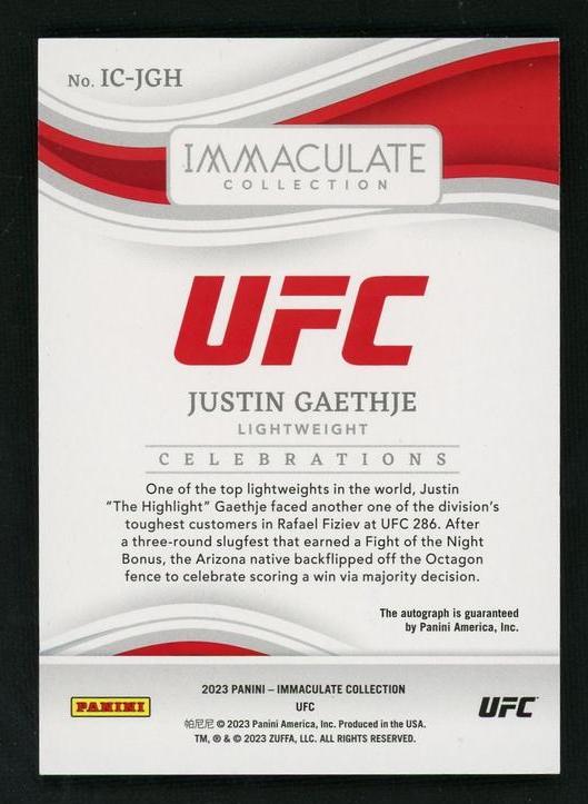 2023 Panini Immaculate Collection IC-JGH Justin Gaethje Celebrations /99 Auto