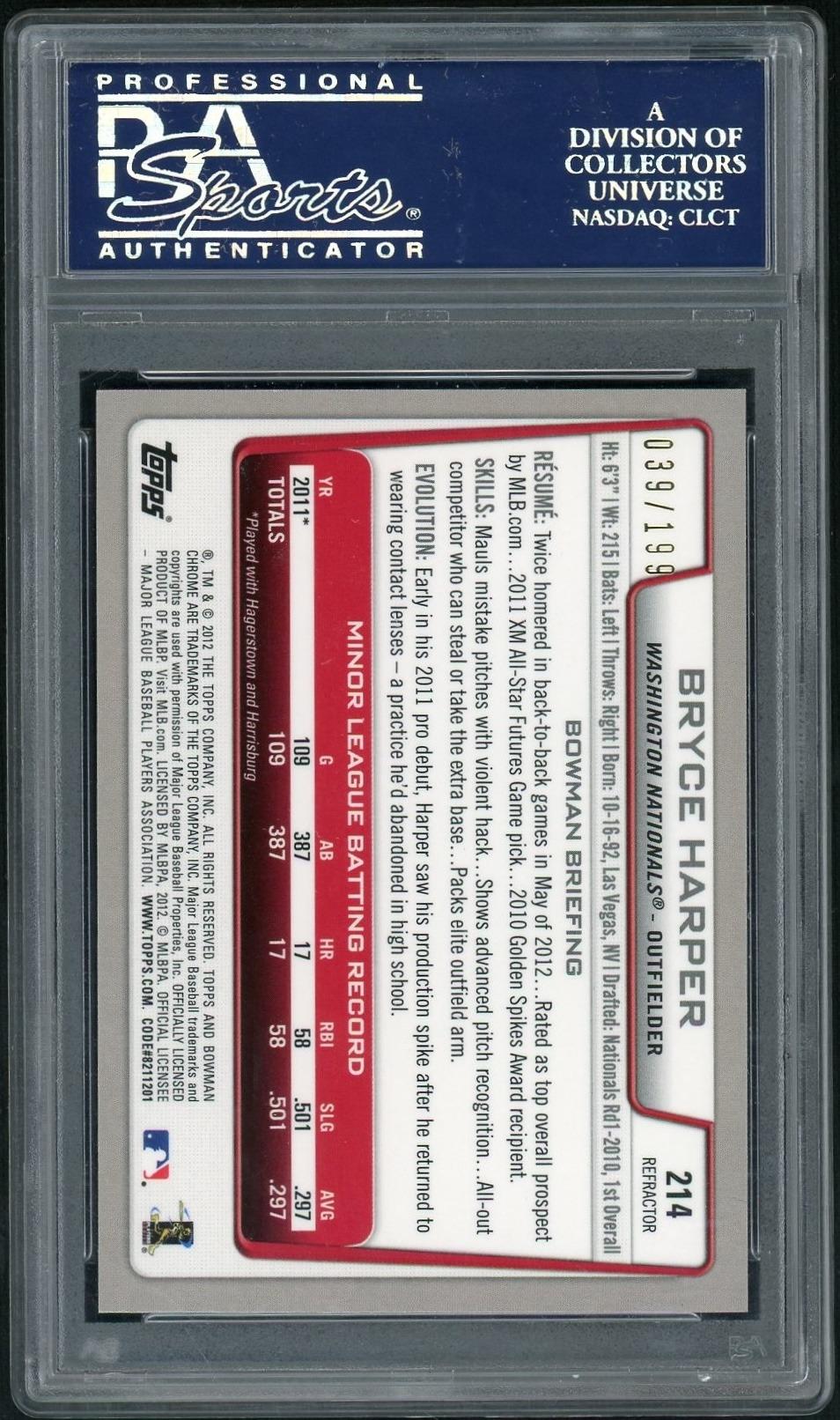 2012 Bowman Chrome Purple Refractor Bryce Harper #214 /199 PSA 10