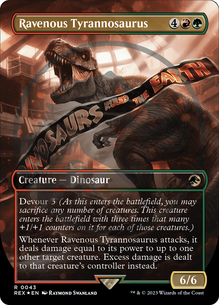 FOIL Ravenous Tyrannosaurus (Borderless) (Emblem) (REX-043) - Jurassic World Collection - Magic The Gathering