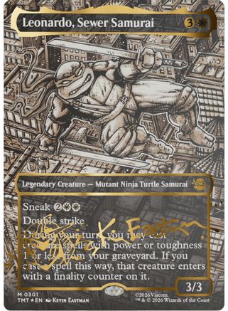 FOIL Leonardo, Sewer Samurai (Borderless) (Gold-Stamped Signature) (TMT-301) - Teenage Mutant Ninja Turtles - Magic The Gathering