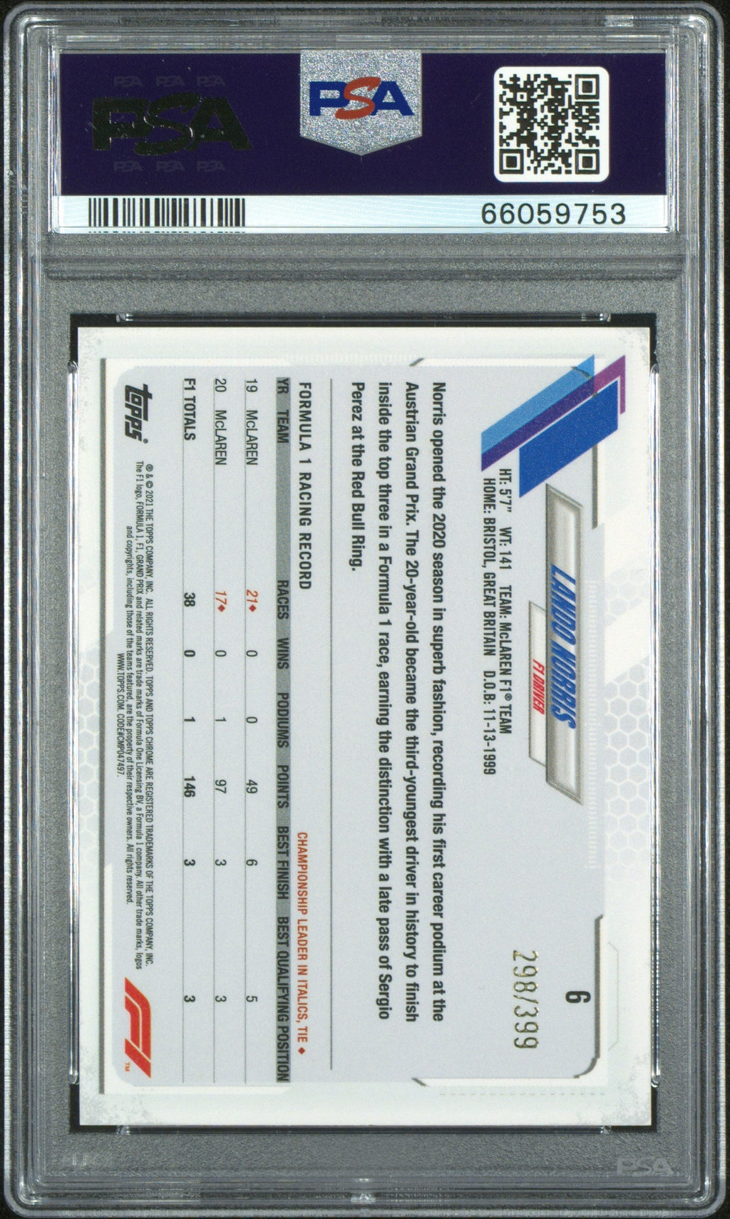 2021 Topps Chrome Formula 1 Purple Refractor Lando Norris #6 /399 PSA 10