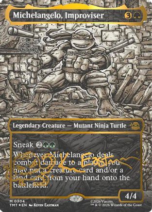 FOIL Michelangelo, Improviser (Borderless) (Gold-Stamped Signature) (TMT-304) - Teenage Mutant Ninja Turtles - Magic The Gathering
