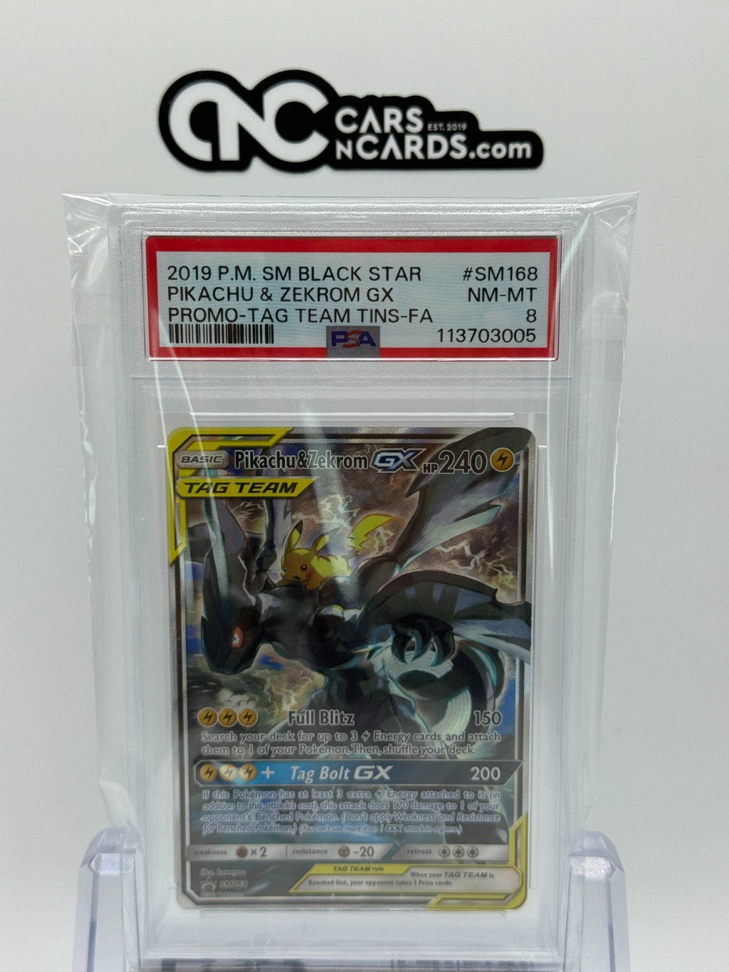 2019 POKEMON SM BLACK STAR PROMO #SM168 PIKACHU & ZEKROM GX PROMO TAG TEAM PSA 8
