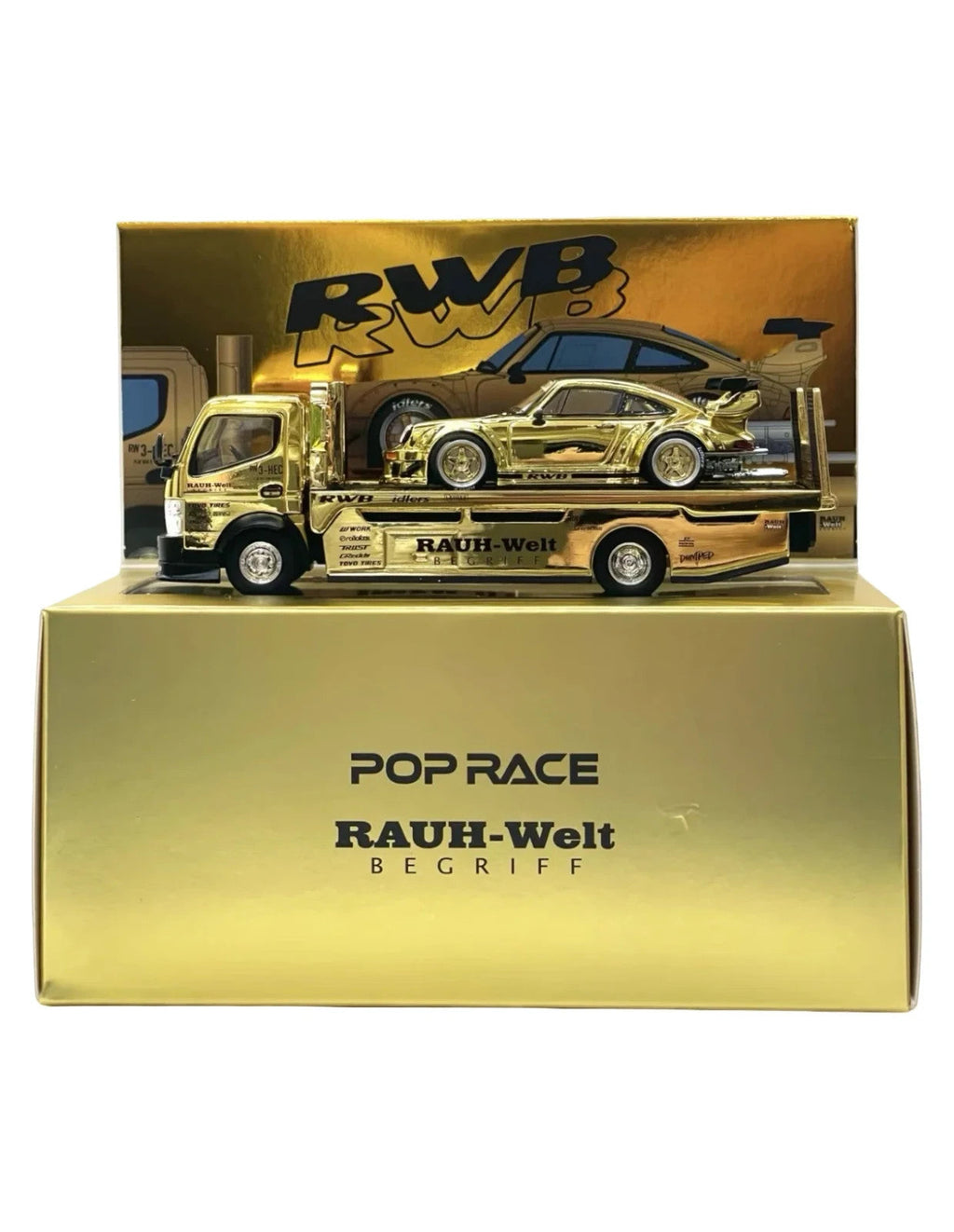 Pop Race 1:64 Gold Chrome RWB 930 & Fuso Truck Set - HEC 2026 Exclusive Sealed